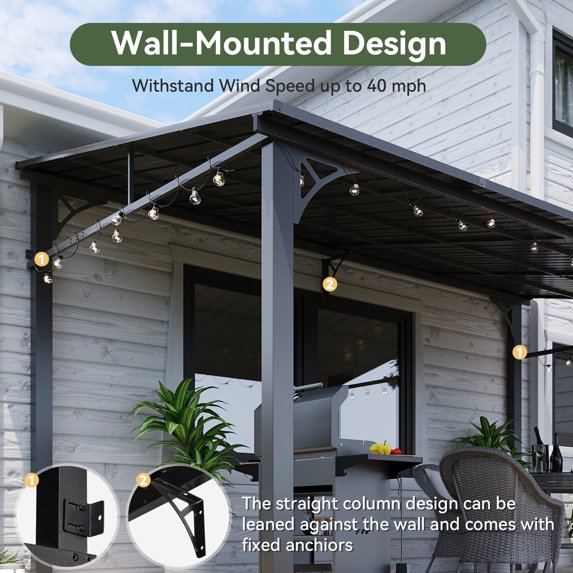 AOXUN 10x12 FT Hardtop Gazebo Outdoor Aluminum Pergola, Large Wall-Mounted Heavy-Duty Awning, Sunshade Gazebo with Sloped Roof, Suitable for Gardens, Patios, Backyards - Black