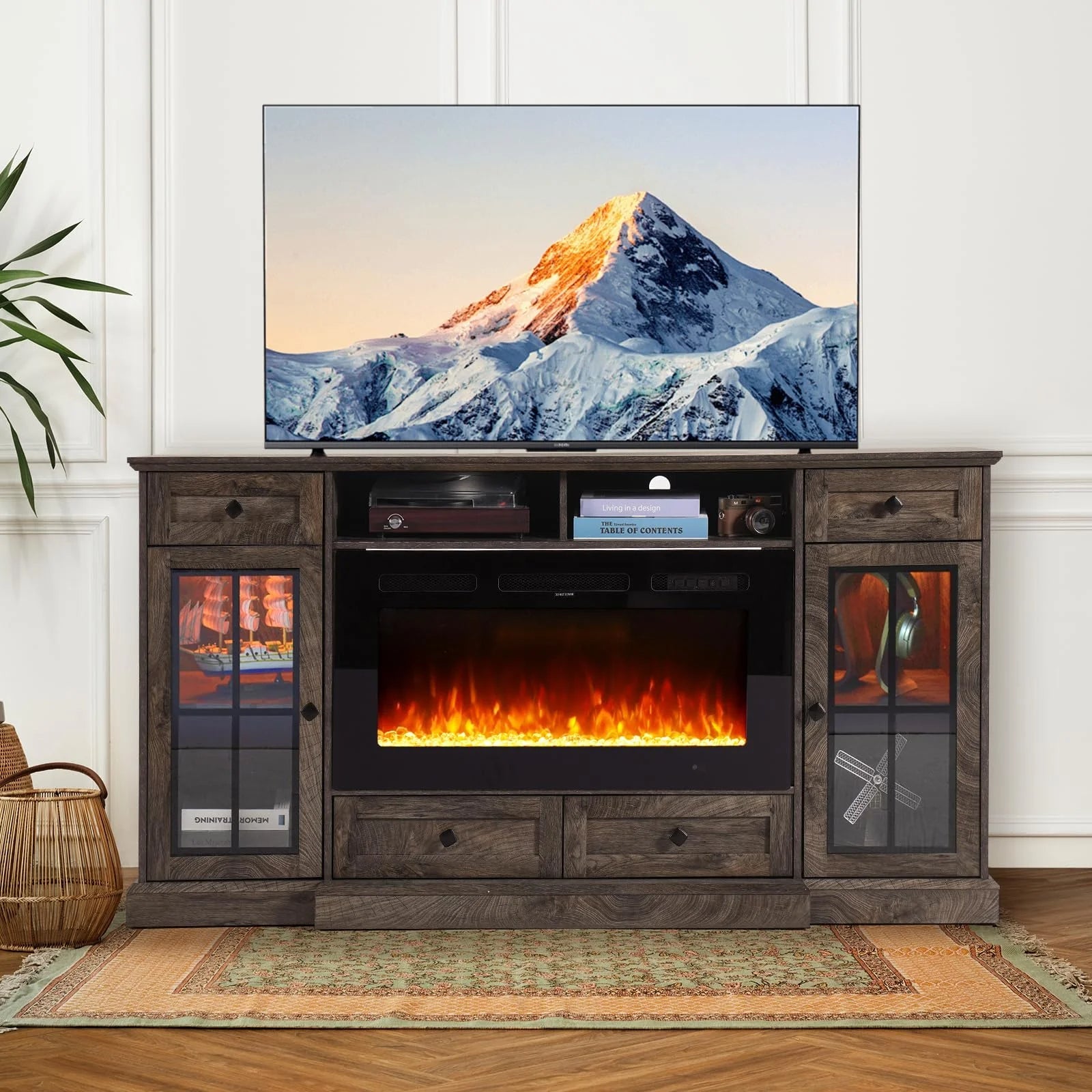 Fireplace TV Stand for 80 Inch TV, 68'' Farmhouse Entertainment Center with 36" Electric Fireplace for Living Room, Gray