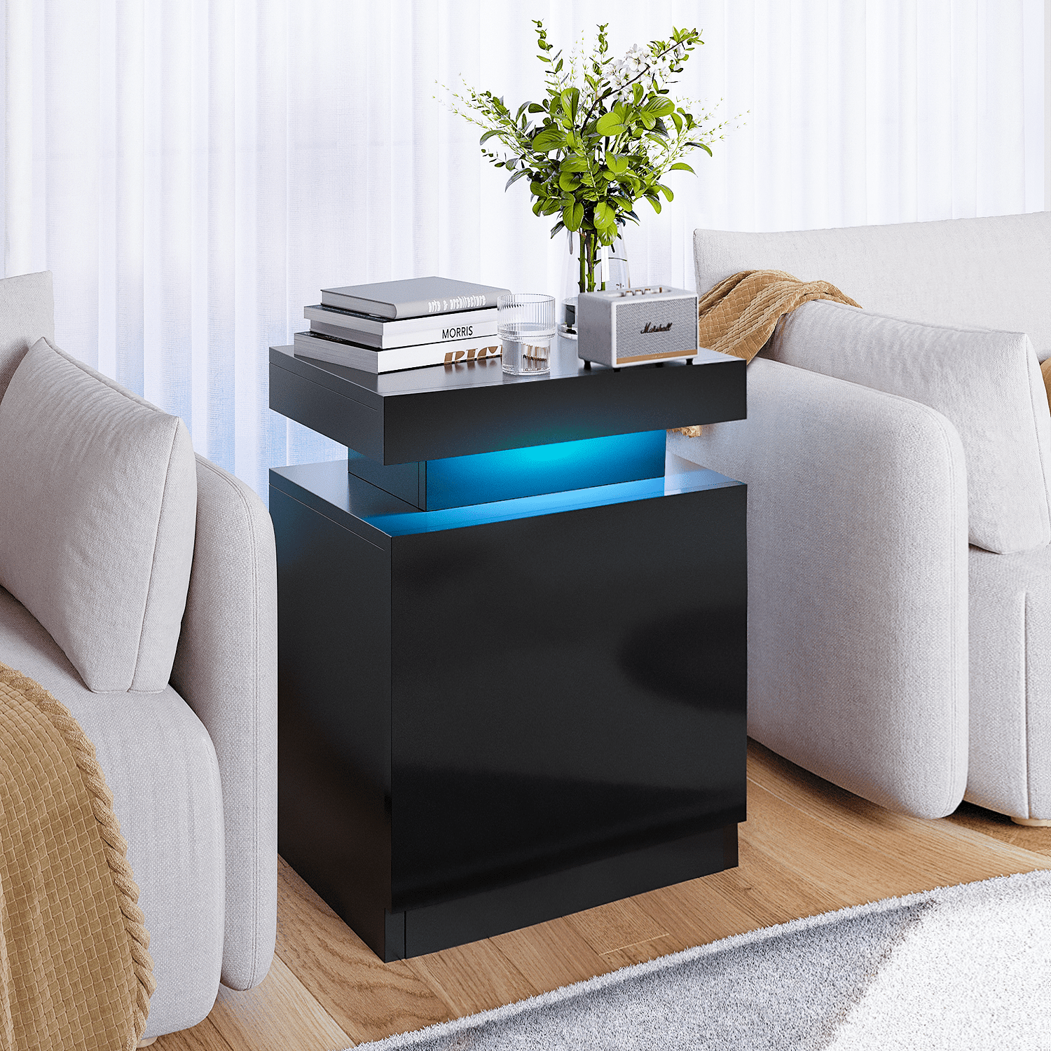 Nightstand Set of 2, LED Nightstand with Cabinet, Bedside Table with LED Lights, Modern End Side Table for Bedroom, Black