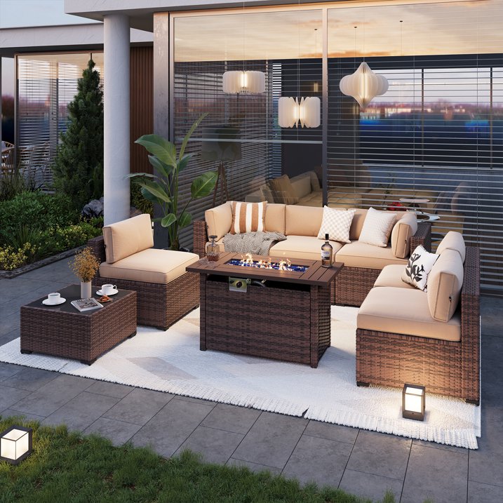 Aoxun 8 Piece Patio Furniture Set with 44” Fire Pit Table Wicker Rattan Outdoor Sectional Sofa Set with Coffee Table and 4” Thickened Cushions, Beige (Waterproof Cover Included)