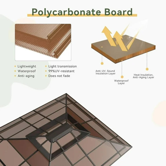 Aoxun 12'x14' Hardtop Gazebo, Aluminum Frame Permanent Pavilion with Curtains and Netting, Outdoor Polycarbonate Double Roof Canopy, Designed for Garden, Brown