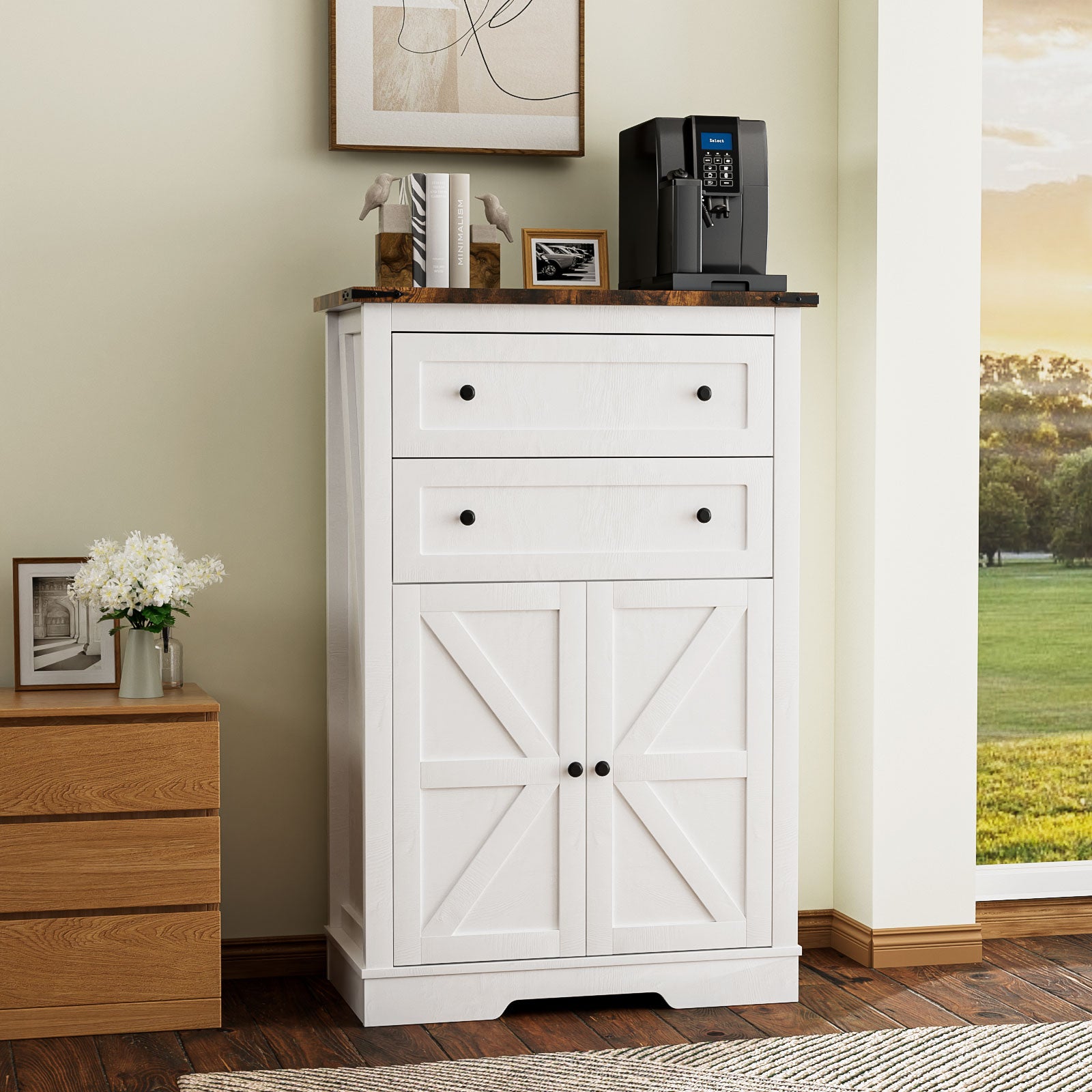 Farmhouse Sideboard Buffet Cabinet, Wooden Accent Cabinet Kitchen Cabinet with Drawers and Adjustable Shelf, White