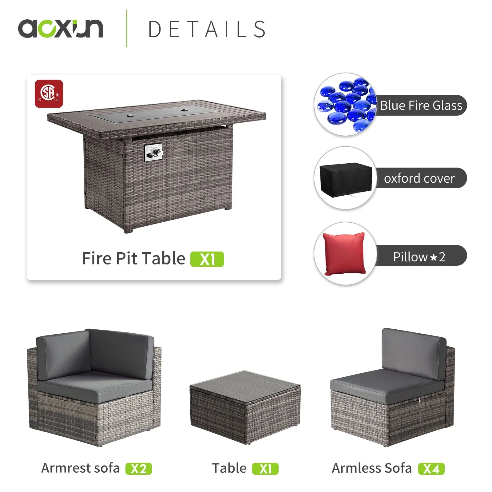 8 PCS Outdoor Patio Furniture Set with 44-inch Fire Pit Table, Gray Cushions