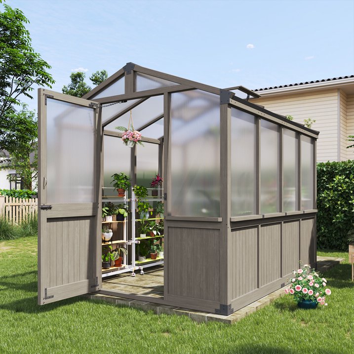 AOXUN 6' x 8' Outdoor Cedar Wood Greenhouse, Walk-in Greenhouse with Adjustable Roof Vent and Lockable Door