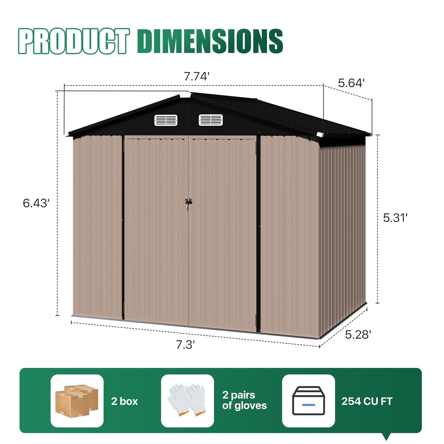 Clouddwell 7.4x5.3ft Galvanized Steel Storage Shed with Floor & Double Doors - Brown