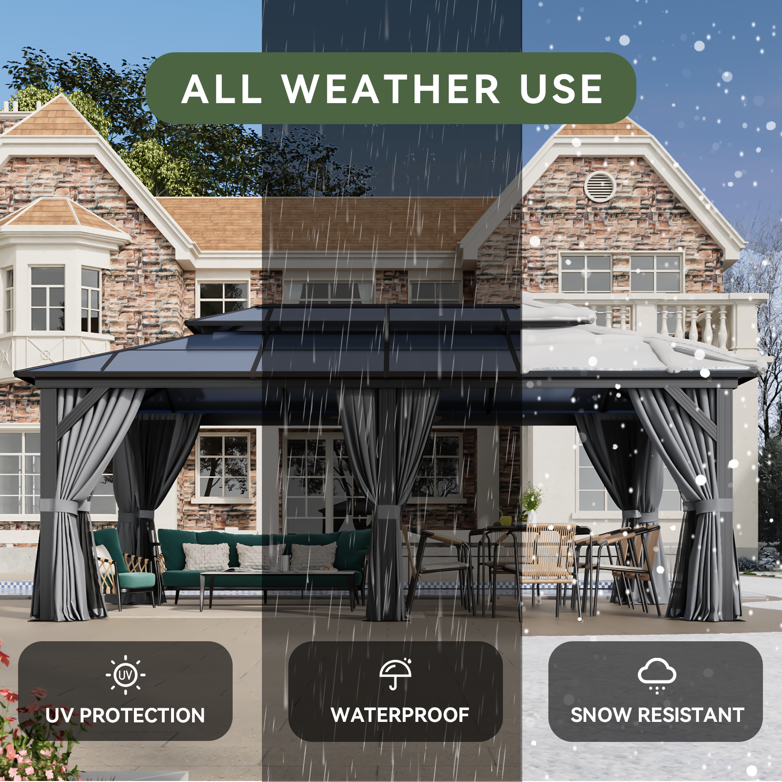 12'x20' Hardtop Gazebo, Aluminum Frame Permanent Pavilion with Curtains and Netting, Outdoor Polycarbonate Double Roof Canopy, Designed for Garden, Lawns, Patio, Gray