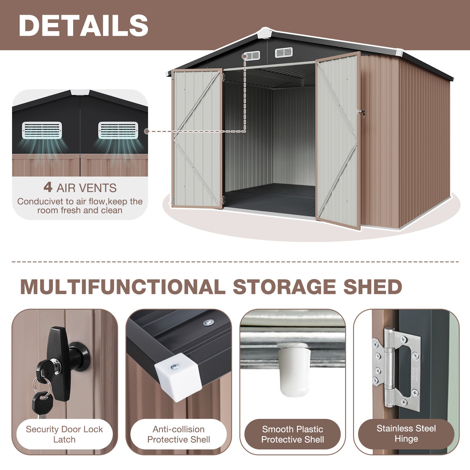 Aoxun Outdoor Storage Shed with Floor - 10x8 FT Metal Shed with Lockable Doors & Air Vents, Waterproof Outside Storage Shed for Tool, Garbage Can, Bike, Mower, for Backyard Garden Patio, Brown