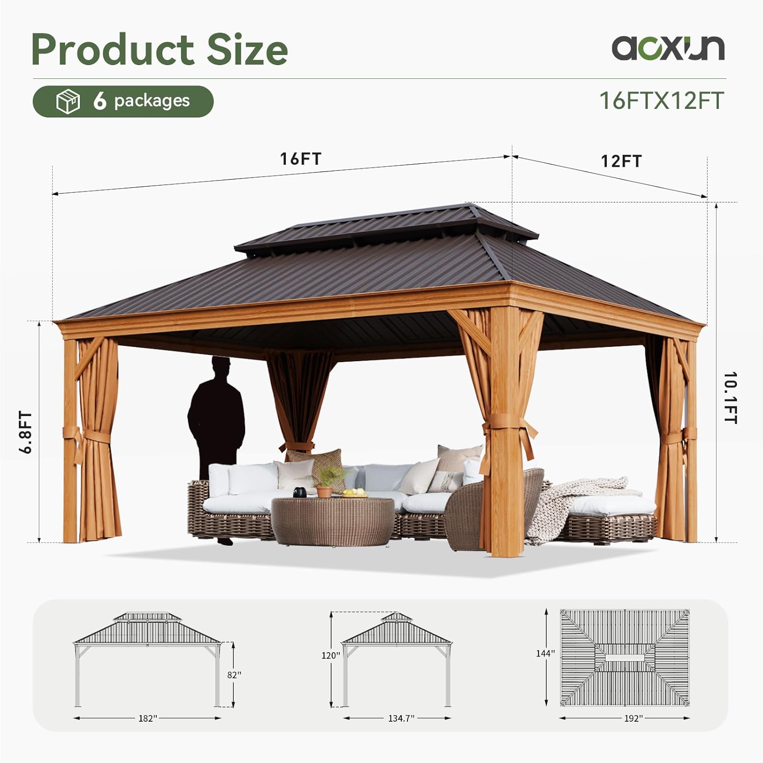 Dimensions of 12x16 Wood Grain Hardtop Gazebo with Water Gutter, Permanent Aluminum Frame Gazebo