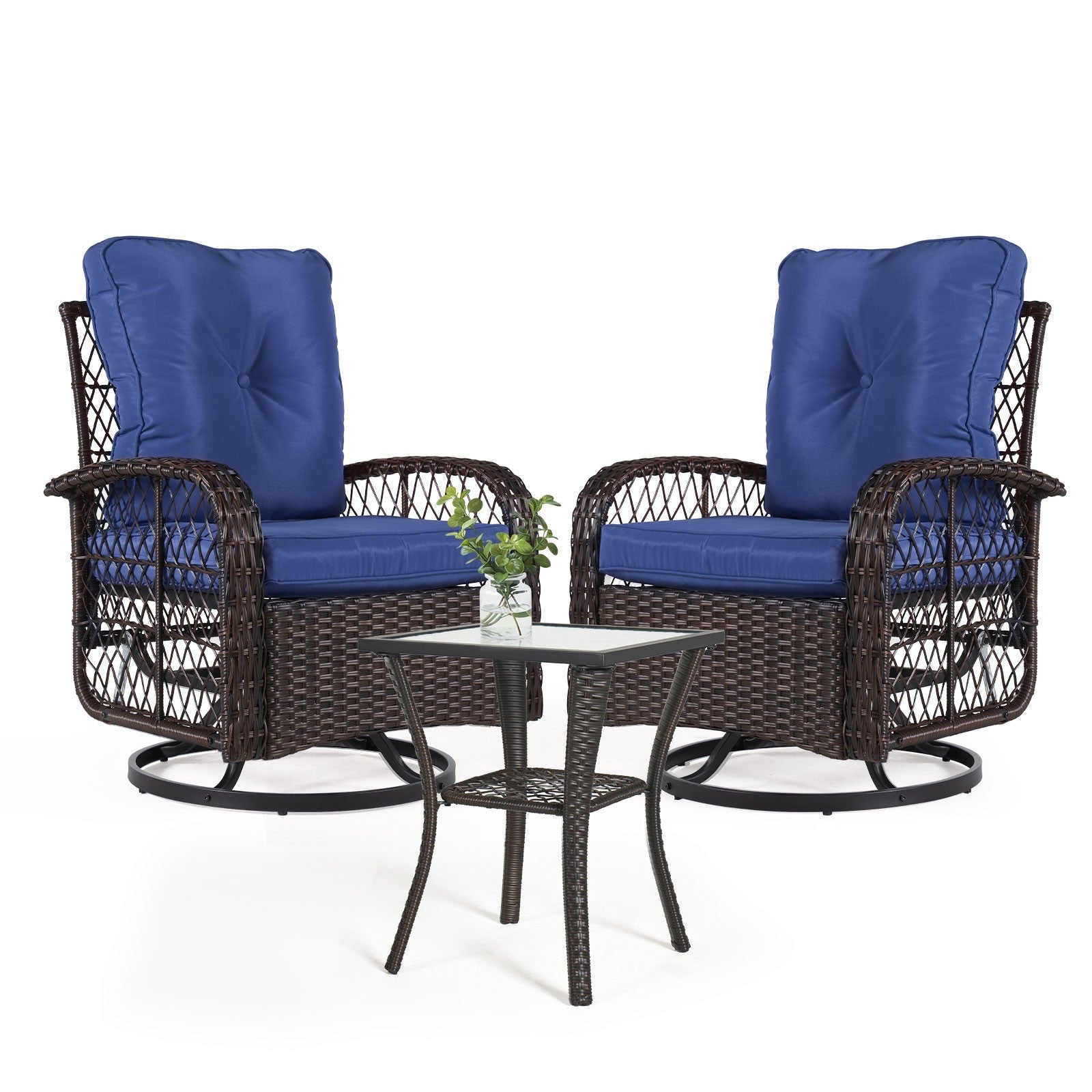 Rocking Rattan Swivel Chair Set with Coffee Table & Optional Ottomans