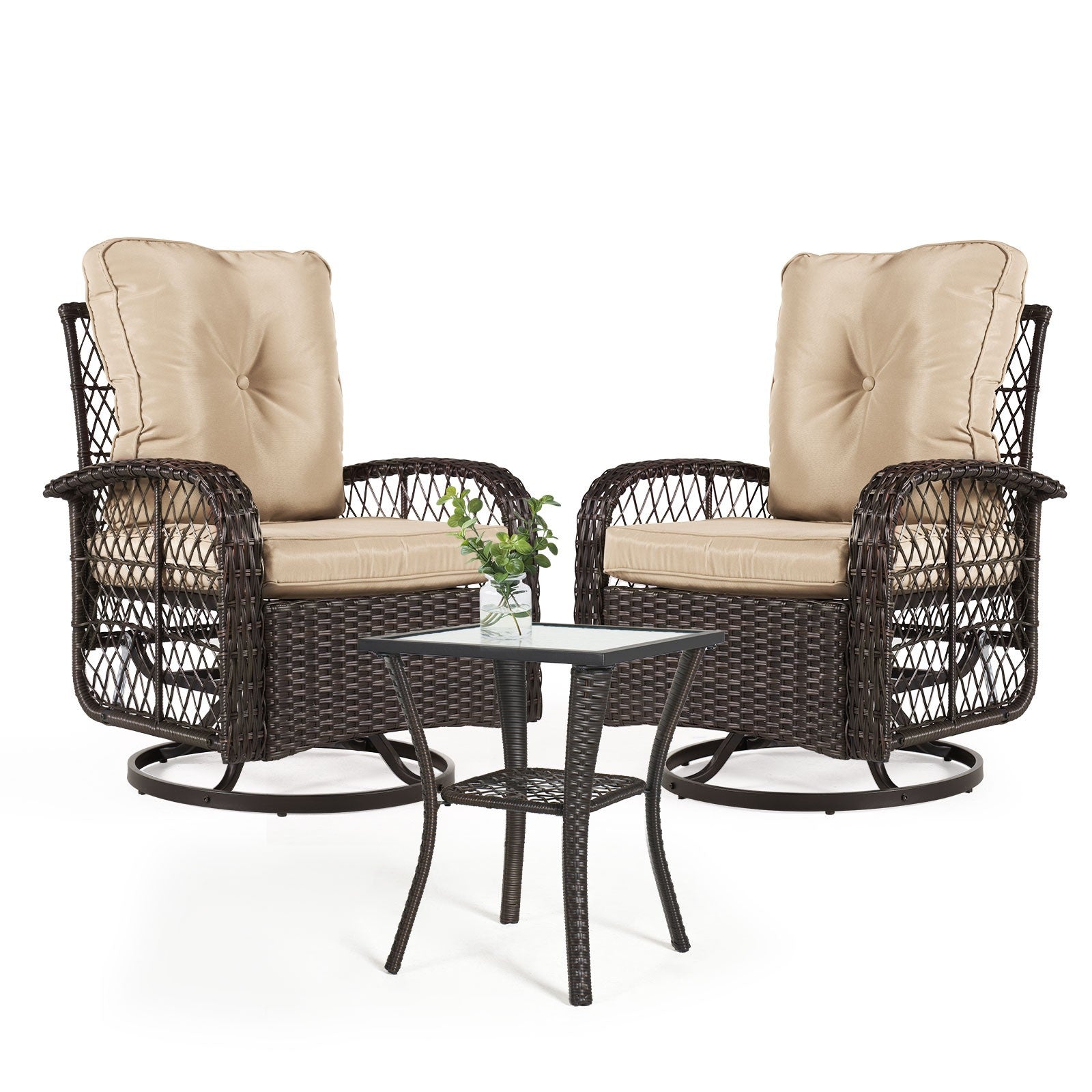 Rocking Rattan Swivel Chair Set with Coffee Table & Optional Ottomans