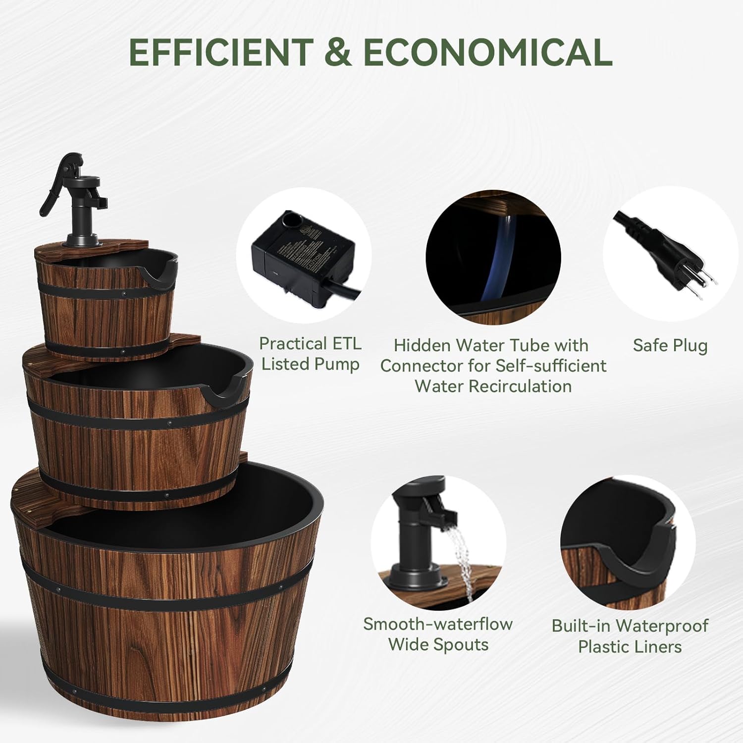 Outdoor Water Fountain, Wood Barrel Cascading with Electric Decorative Hand Pump, Rustic Waterfall Fountain for Garden, Backyard, Patio, Porch, Yard