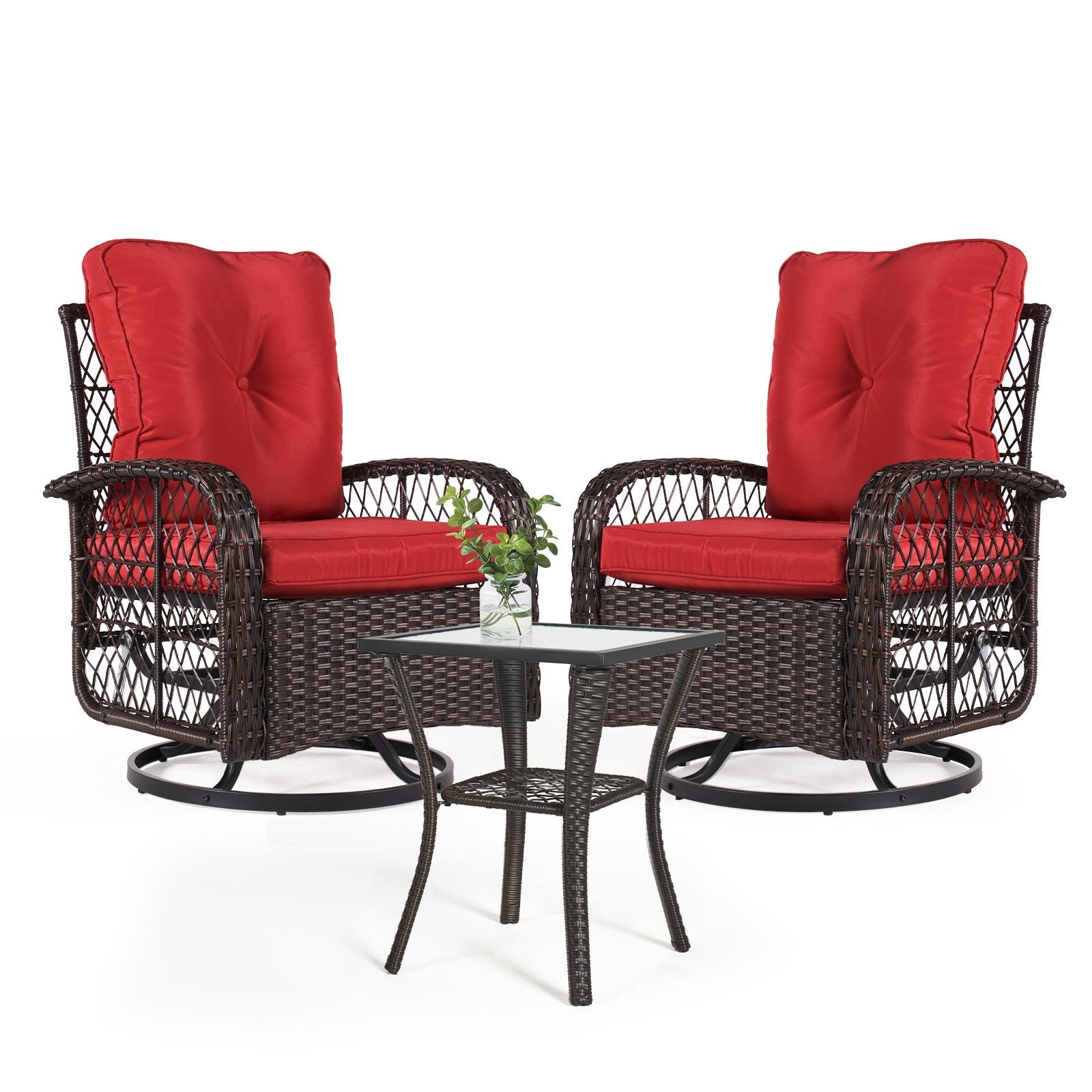 Rocking Rattan Swivel Chair Set with Coffee Table & Optional Ottomans