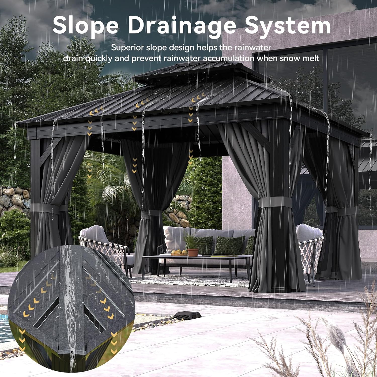 Aoxun 12' X 20' Hardtop Gazebo, Aluminum Outdoor Gazebo with Galvanized Steel Double Roof Canopy, Permanent Metal Pavilion with Privacy Curtain and Netting, for Poolside, Backyard, Square Foundation