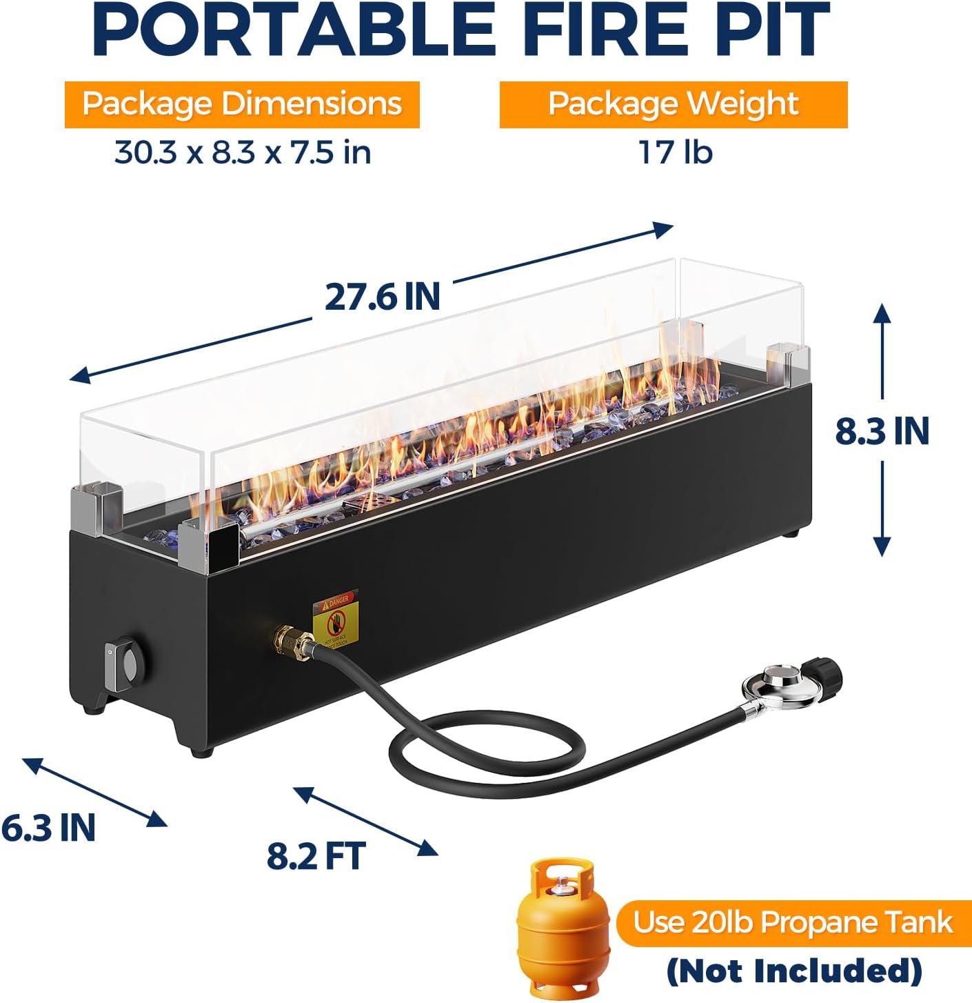 28” Tabletop Propane Fire Pit, 40,000 BTU, Portable Outdoor Fireplace with Glass Shield & Rocks