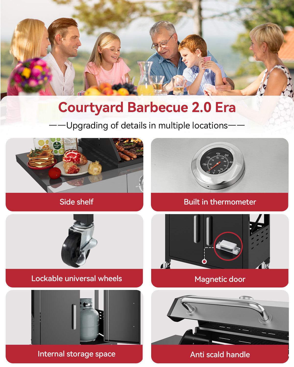 Aoxun 4-Burner Propane Gas BBQ Grill with Side Burner, 49000 BTU, Stainless Steel Outdoor Grill with Cast Iron Grates & Side Tables for Backyard, Patio, Camping