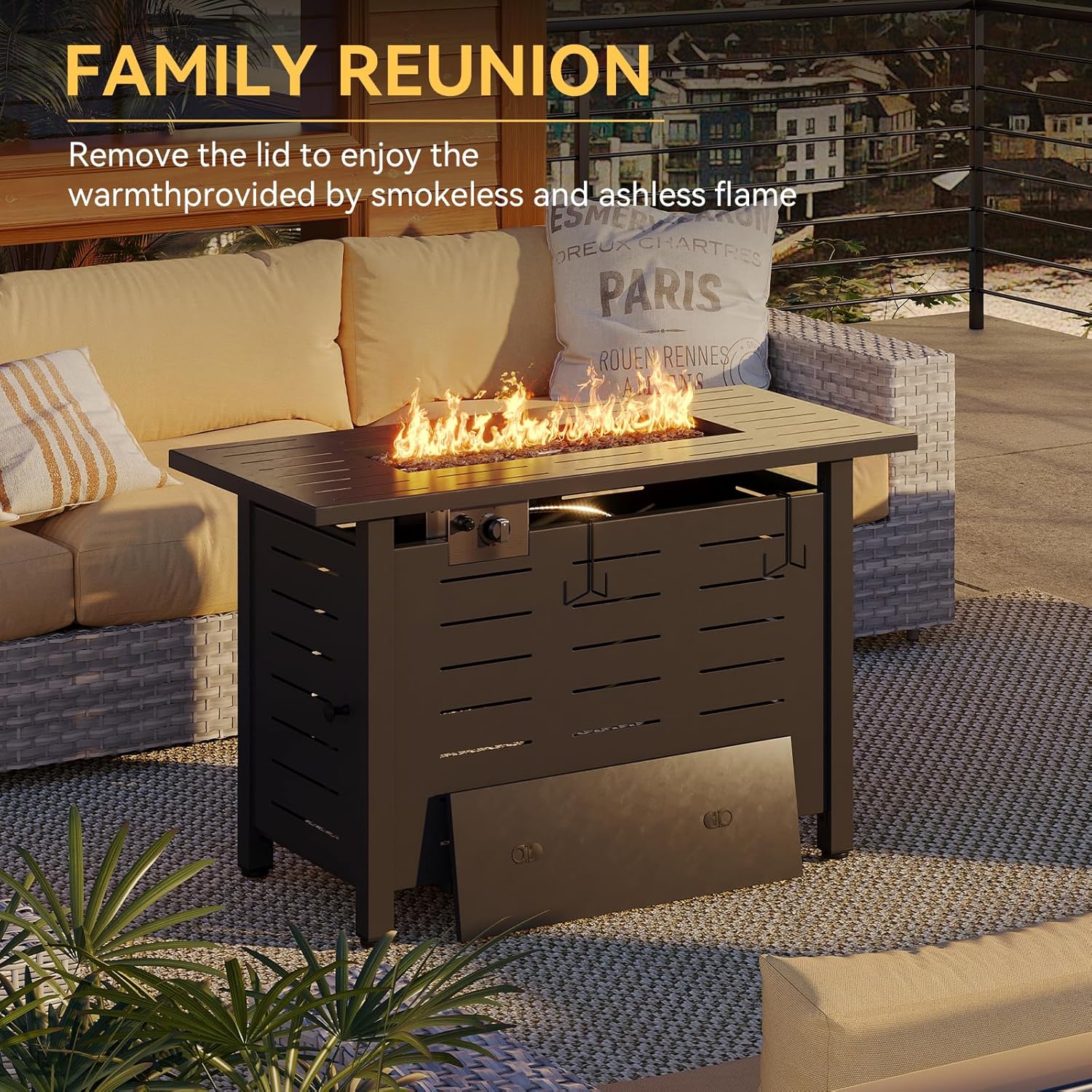 Aoxun 40" Outdoor Propane Fire Pit Table with Removable Lid - 50,000 BTU Patio Heater, Rectangle Gas Fire Pit with Lava Rocks & Waterproof Cover for Deck, Backyard, Garden,Black