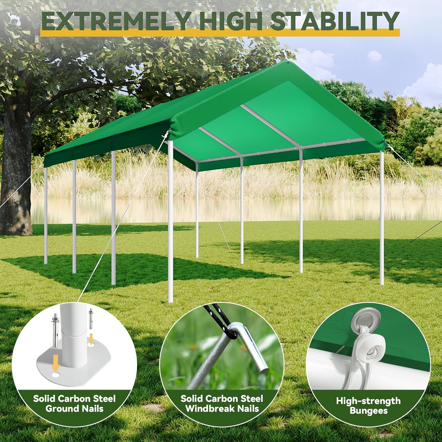 Aoxun 10x20 ft Heavy Duty Carport with Tarp & Wind Resistance Portable Carport Car Tent Outdoor Car Port with Tear Resistant Canopy, No Sidewall - Light Green