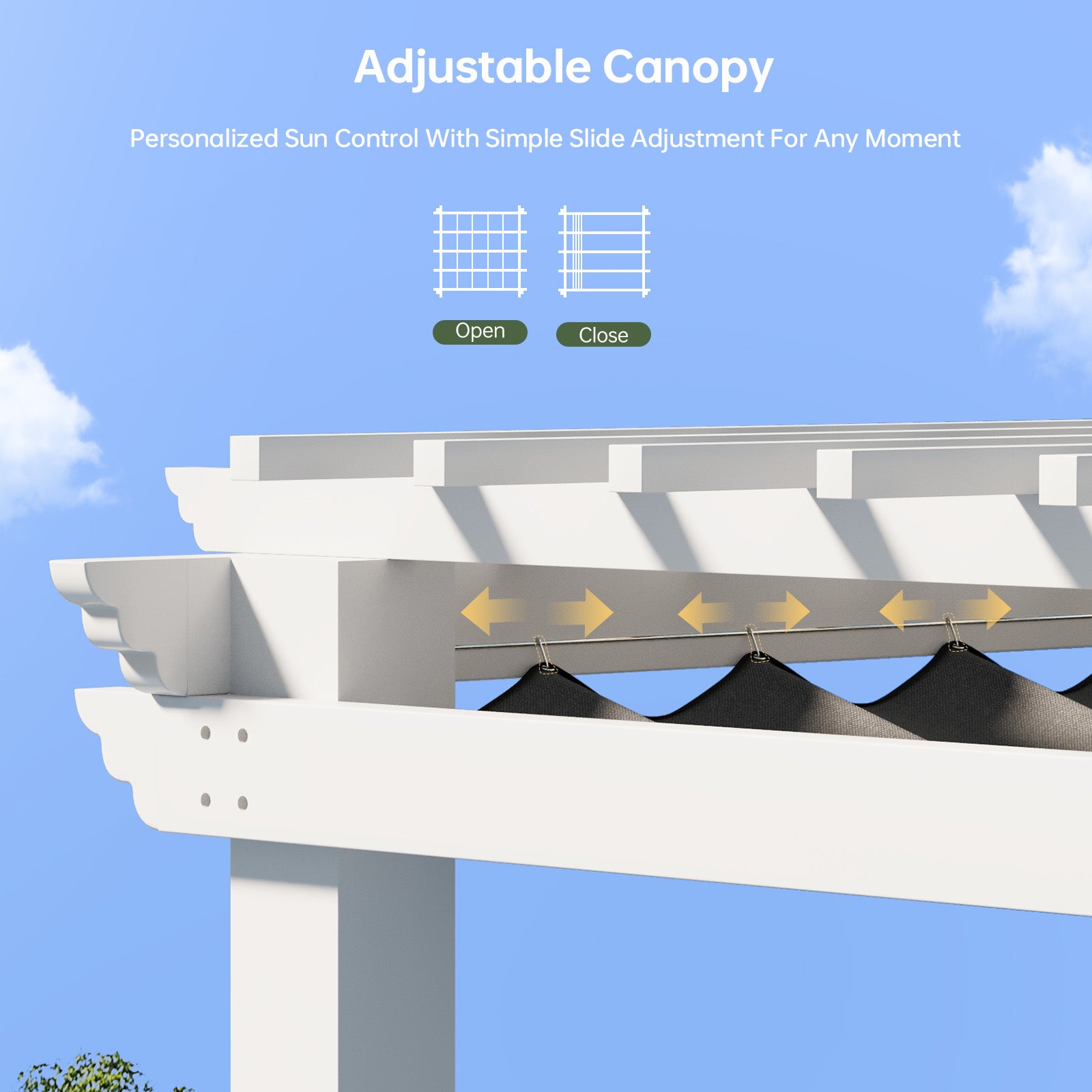 Aoxun 12' x 10' Outdoor Pergola with Trellis Roof & Adjustable Canopy，Aluminum Frame, All-Season Durability, High-Wind Rating, Shade for Patio, Deck, Garden, White