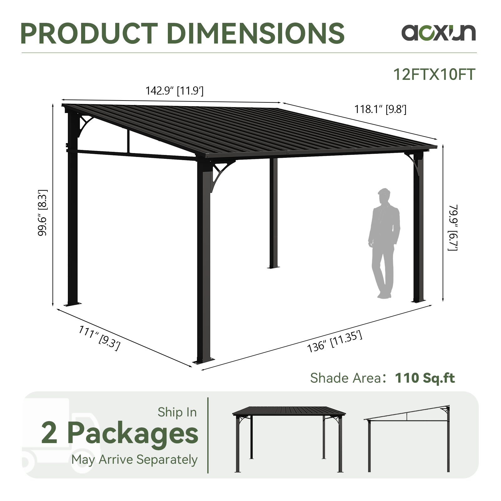 Aoxun 10' x 14' Lean to Gazebo, Upgraded Hardtop Outdoor Pergola with Sloping Galvanized Steel Roof, Large Wall-Mounted Heavy Duty Awnings for Patio, Backyard, Deck, Porch (Black)