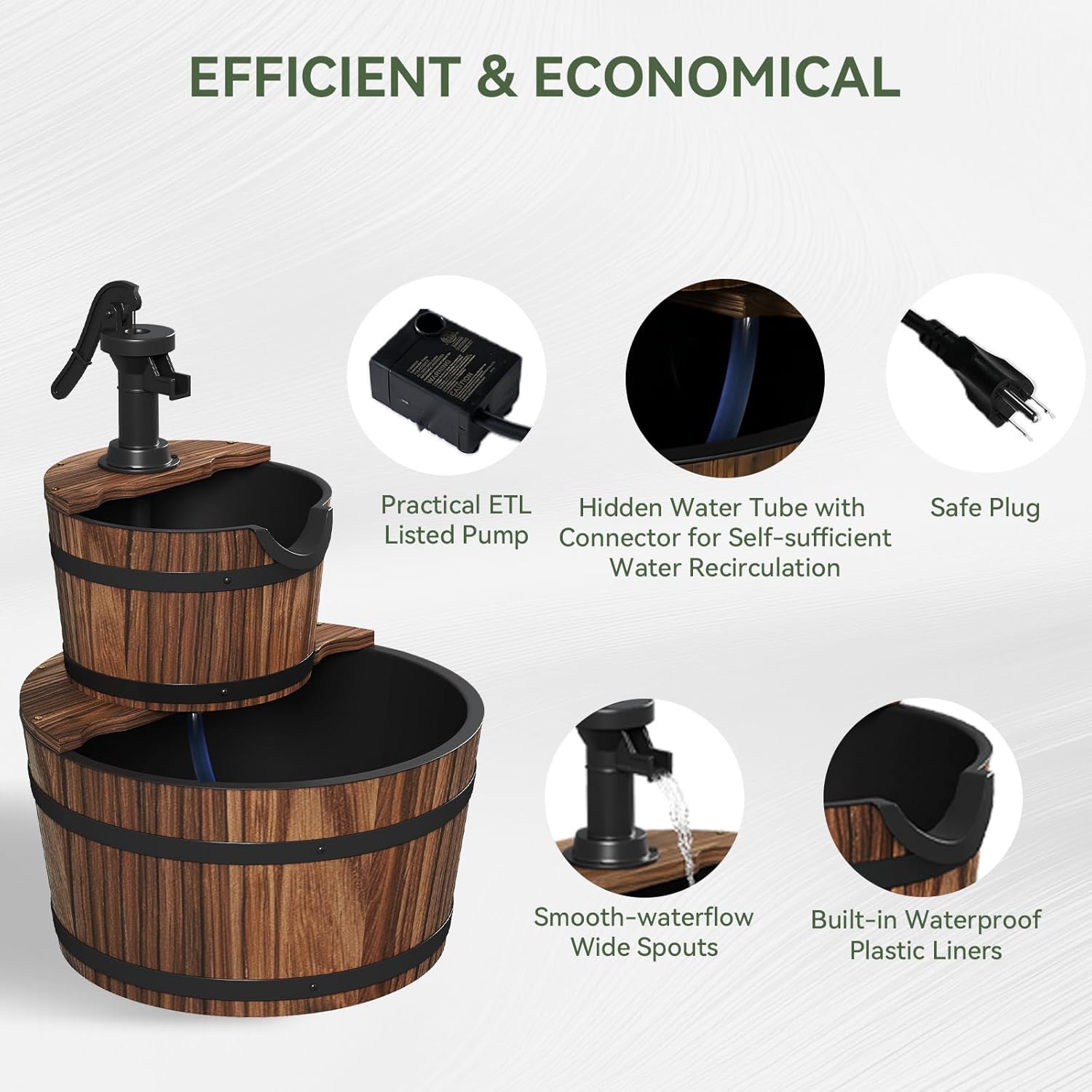Outdoor Water Fountain, Wood Barrel Cascading with Electric Decorative Hand Pump, Rustic Waterfall Fountain for Garden, Backyard, Patio, Porch, Yard