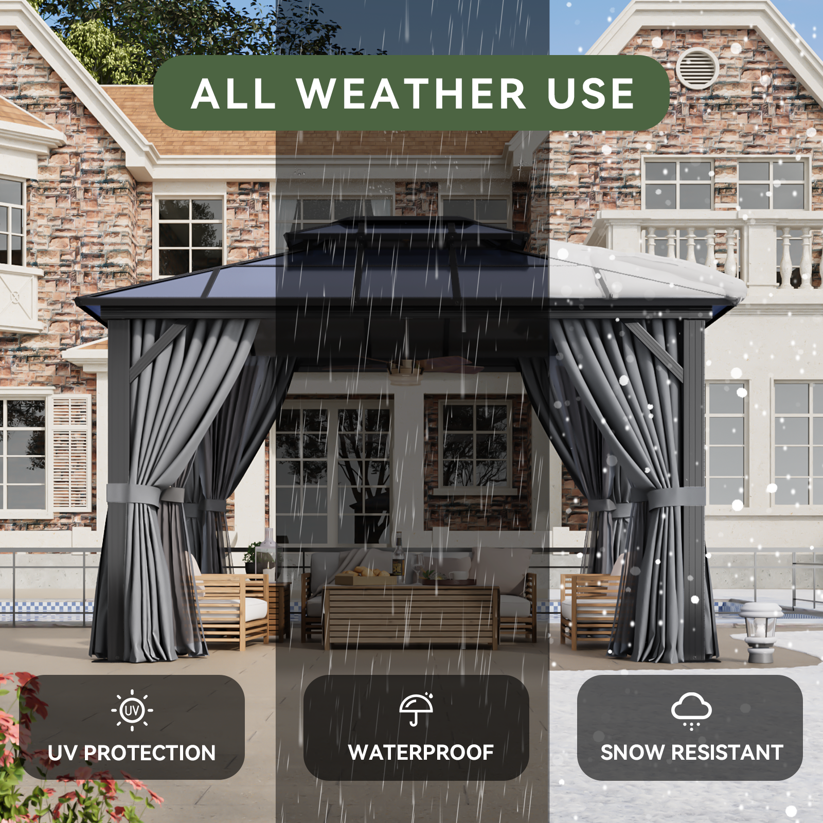 10'x12' Hardtop Gazebo, Aluminum Frame Permanent Pavilion with Curtains and Netting, Outdoor Polycarbonate Double Roof Canopy, Designed for Garden, Lawns, Patio