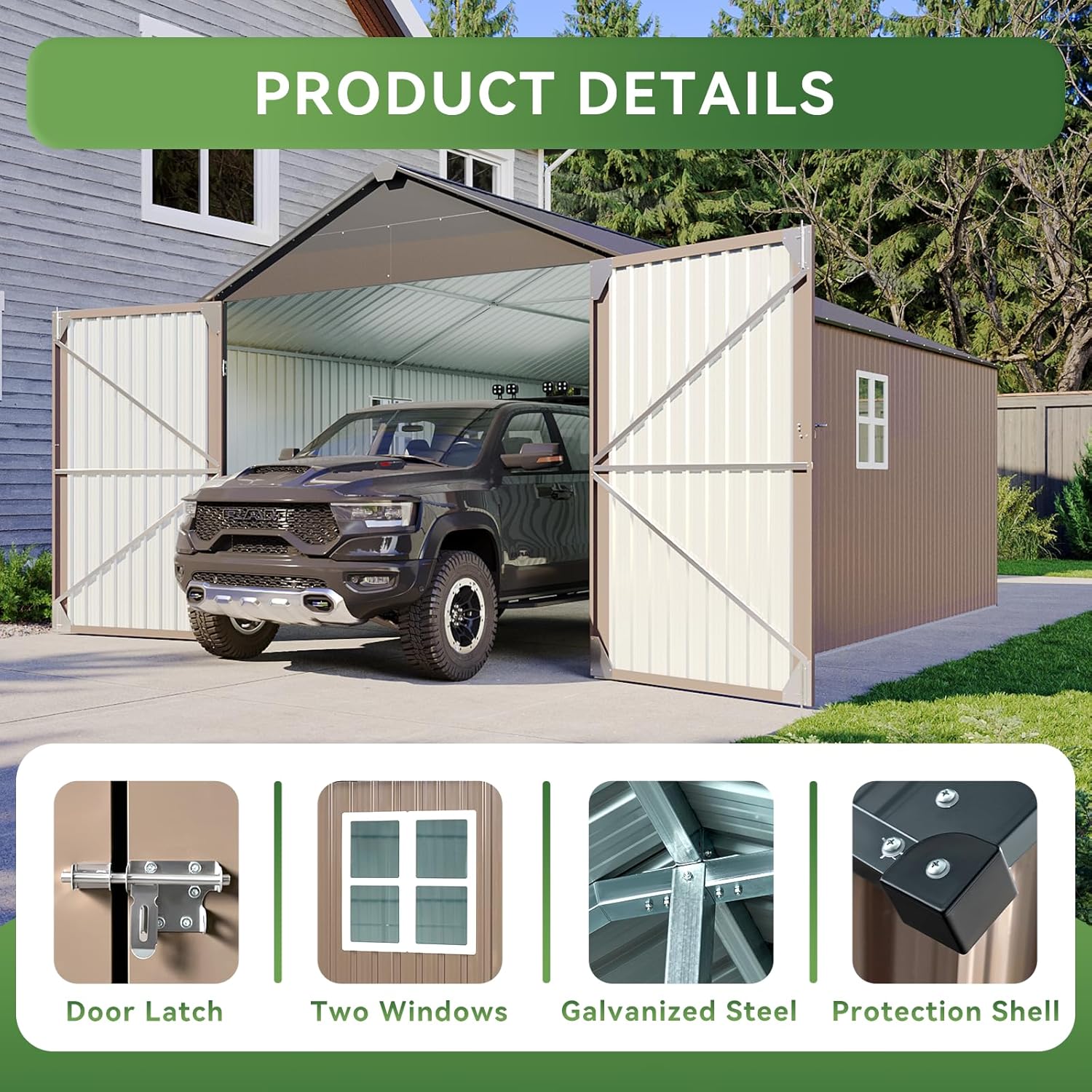 Aoxun 12x20x9.3 FT Shed Outdoor Metal Garage Shed 1700 CUFT Extra Large Storage Shed for Vehicles & Sundries 11" Snow Load Double-Door All-Weather Garden Shed (Brown)