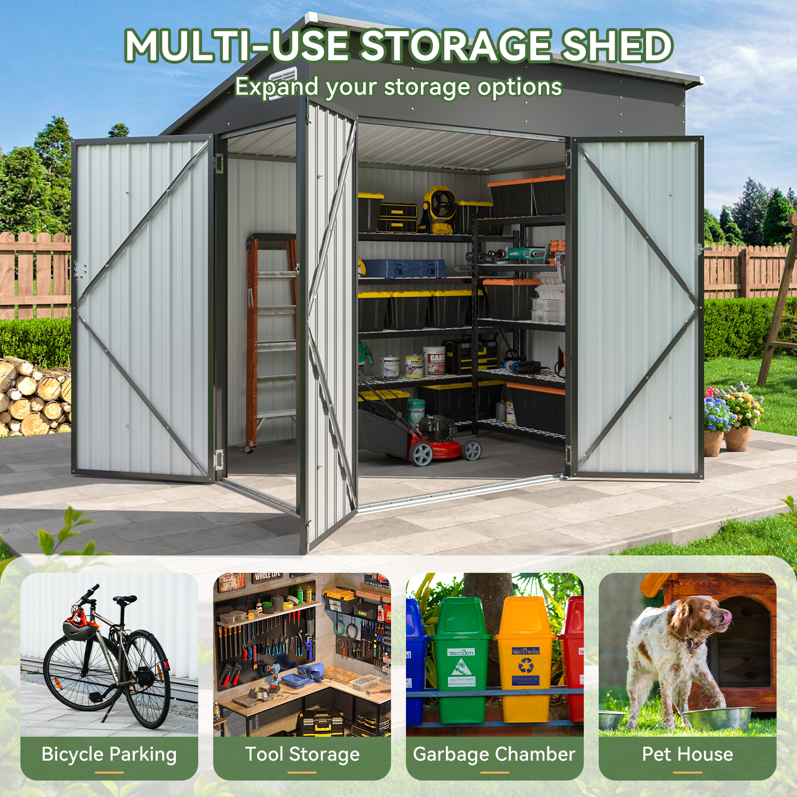 Aoxun 7.5'x4' Triple Door Shed Outdoor Storage Shed with Three Lockable Door Metal Storage Cabinet with Slopping Roof for Tools Bicycles Storage for Garden, Backyards (Black)