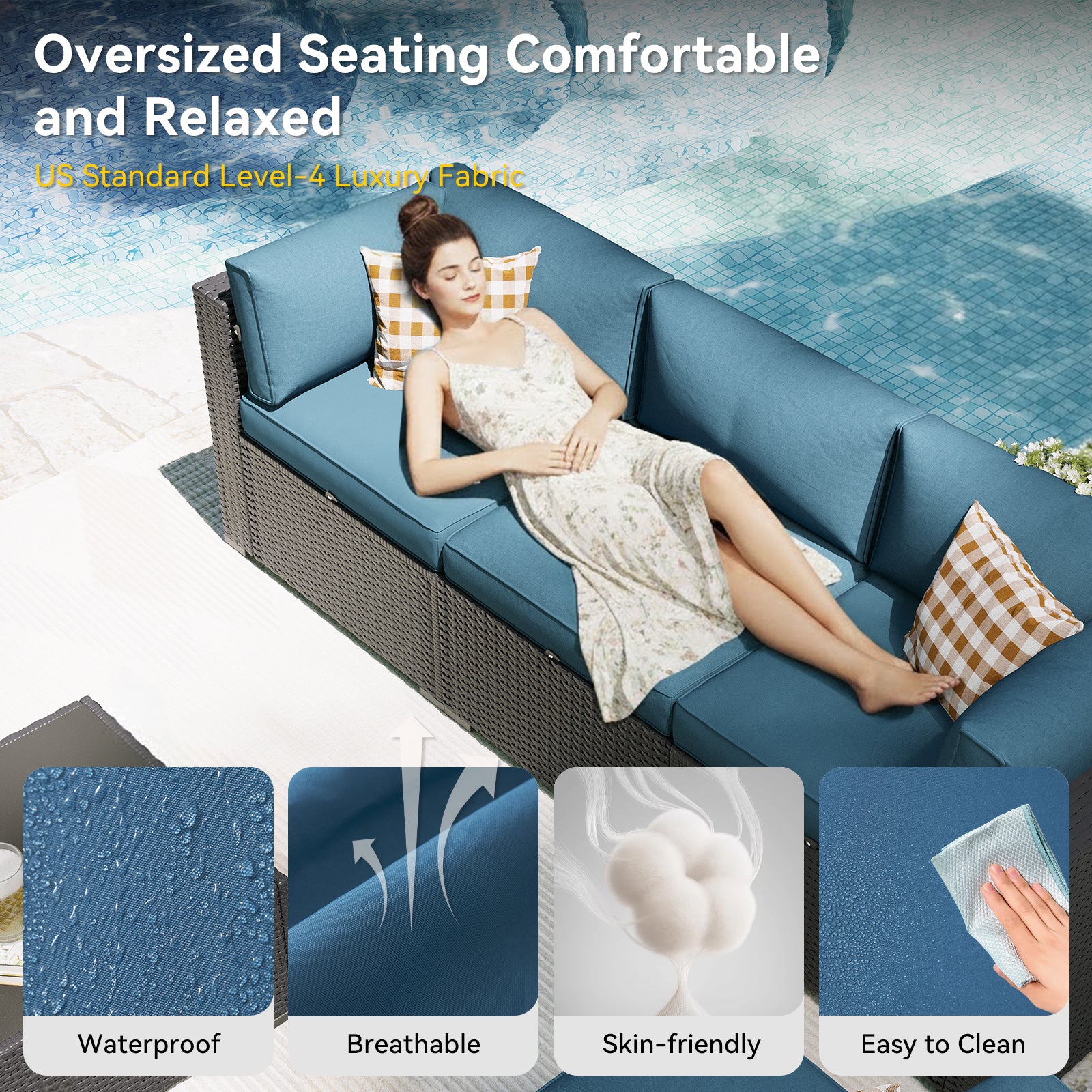 Aoxun Patio Furniture Set, 7 Piece Outdoor Sectional Sofas with Waterprool Cover, Wicker Rattan Outdoor Furniture Patio Conversation Set for Backyard, Garden Peacock Blue