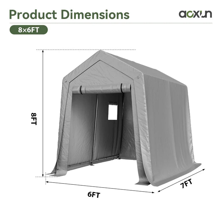 Aoxun 6x8 FT Outdoor Storage Shed, Portable Garage with Roll-Up Door & Window, Waterproof Tarp & Galvanized Steel Frame for Lawn Equipment, Bike, Motorcycle, Trunk Cover, Gray
