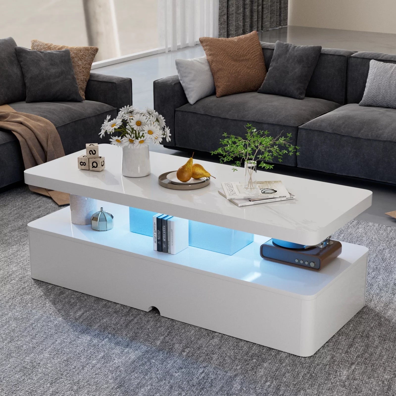 Modern Stylish Coffee Table with 16 Colors LED Lights, Double-Layer Design for Living Room, White High Gloss Acrylic