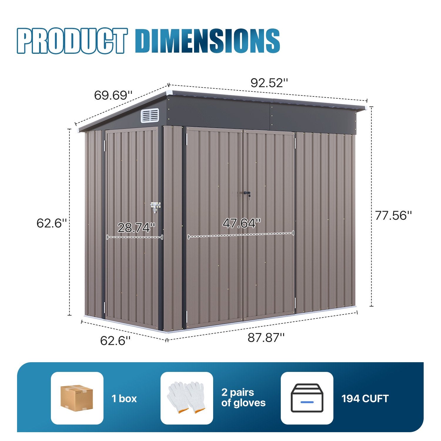 8' x 6' Metal Storage Shed with Triple Doors, Lockable Lean-to Design & Vents, Brown
