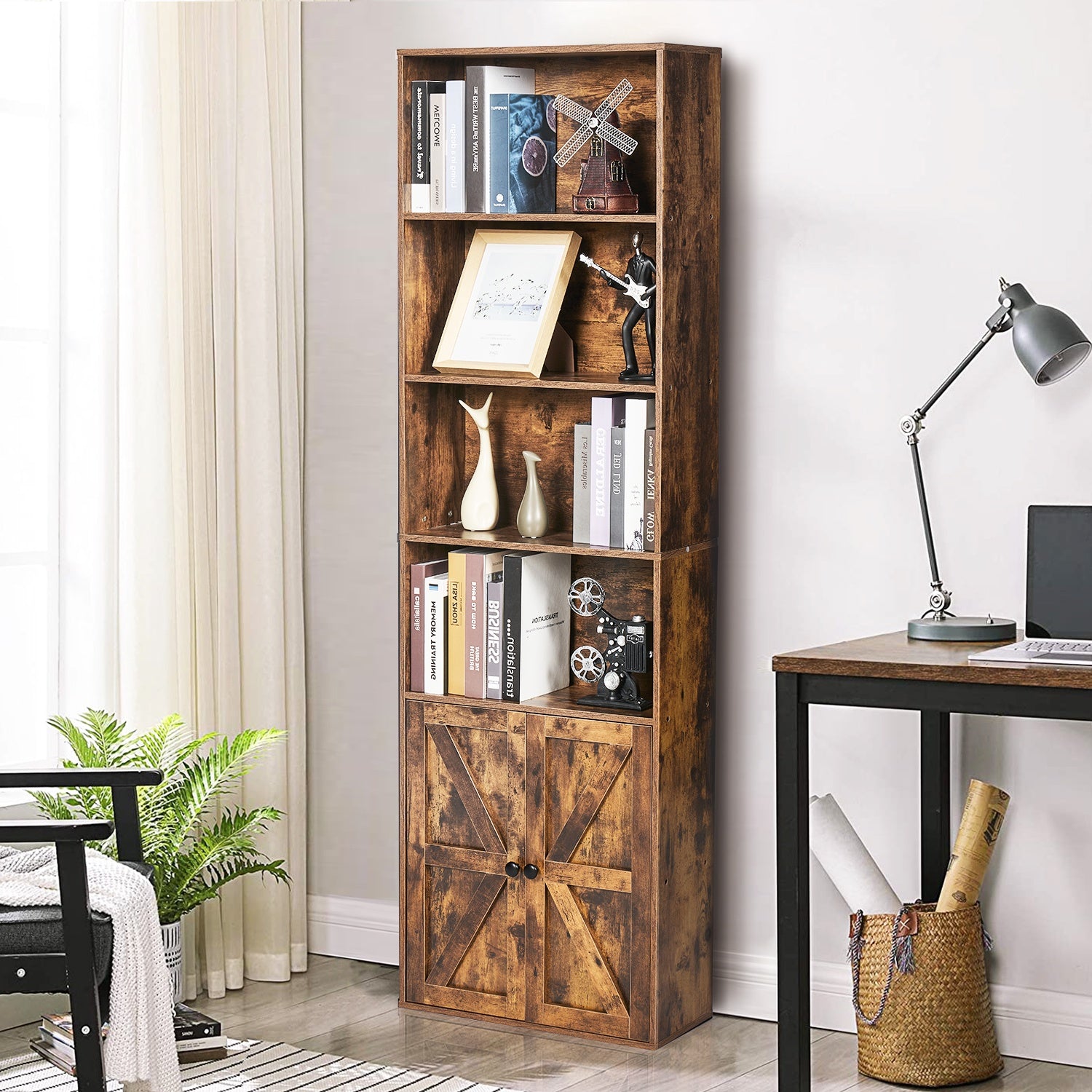 6 Shelf Bookcase with Cabinet Doors, 71in Tall Wooden Bookshelf for Living Room and Home Office, Brwon