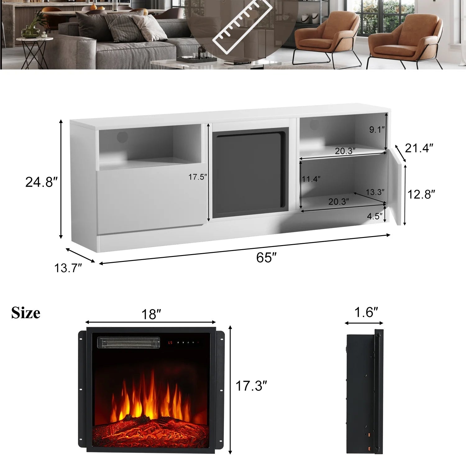 65" Fireplace TV Stand for TVs up to 75", TV Stand with Electric Fireplace, Console Entertainment Center, White