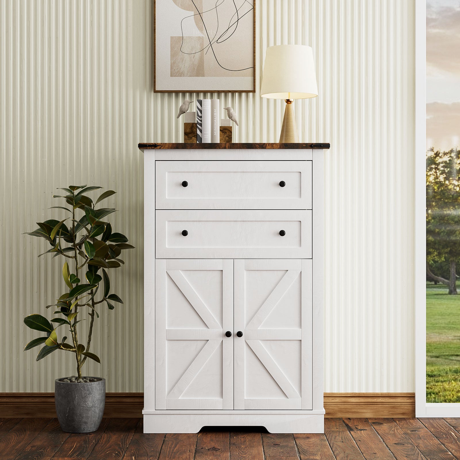 Farmhouse Sideboard Buffet Cabinet, Wooden Accent Cabinet Kitchen Cabinet with Drawers and Adjustable Shelf, White