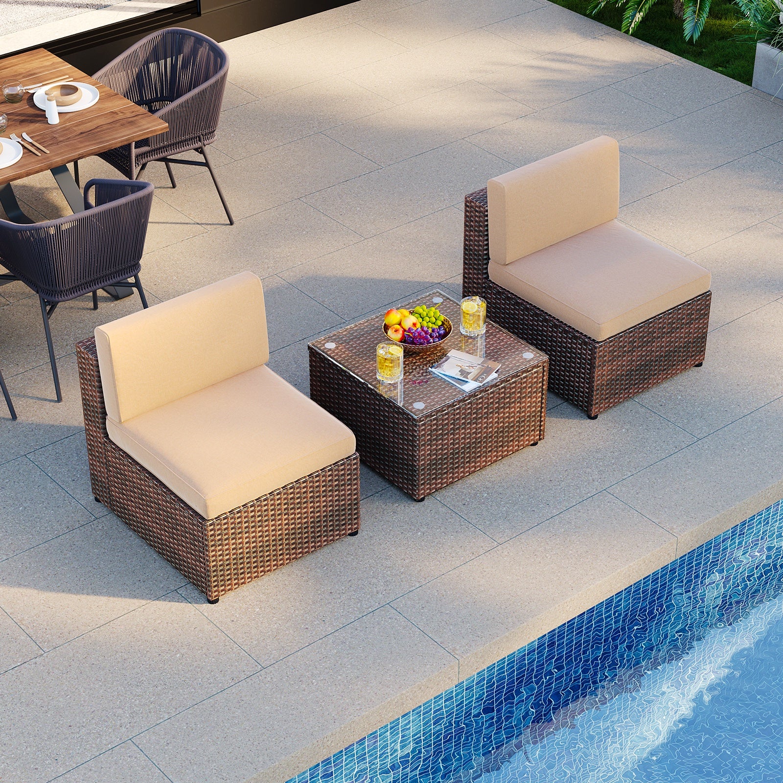 3 Pcs Patio Furniture Sets with Coffee Table,Patio Conversation Sets,Brown