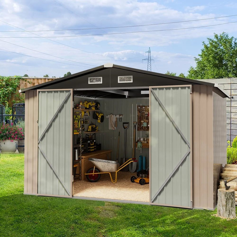 9.7' x 7.6' Outdoor Metal Storage Shed, Steel Garden Shed, Tool Storage Shed for Backyard, Patio, Lawn