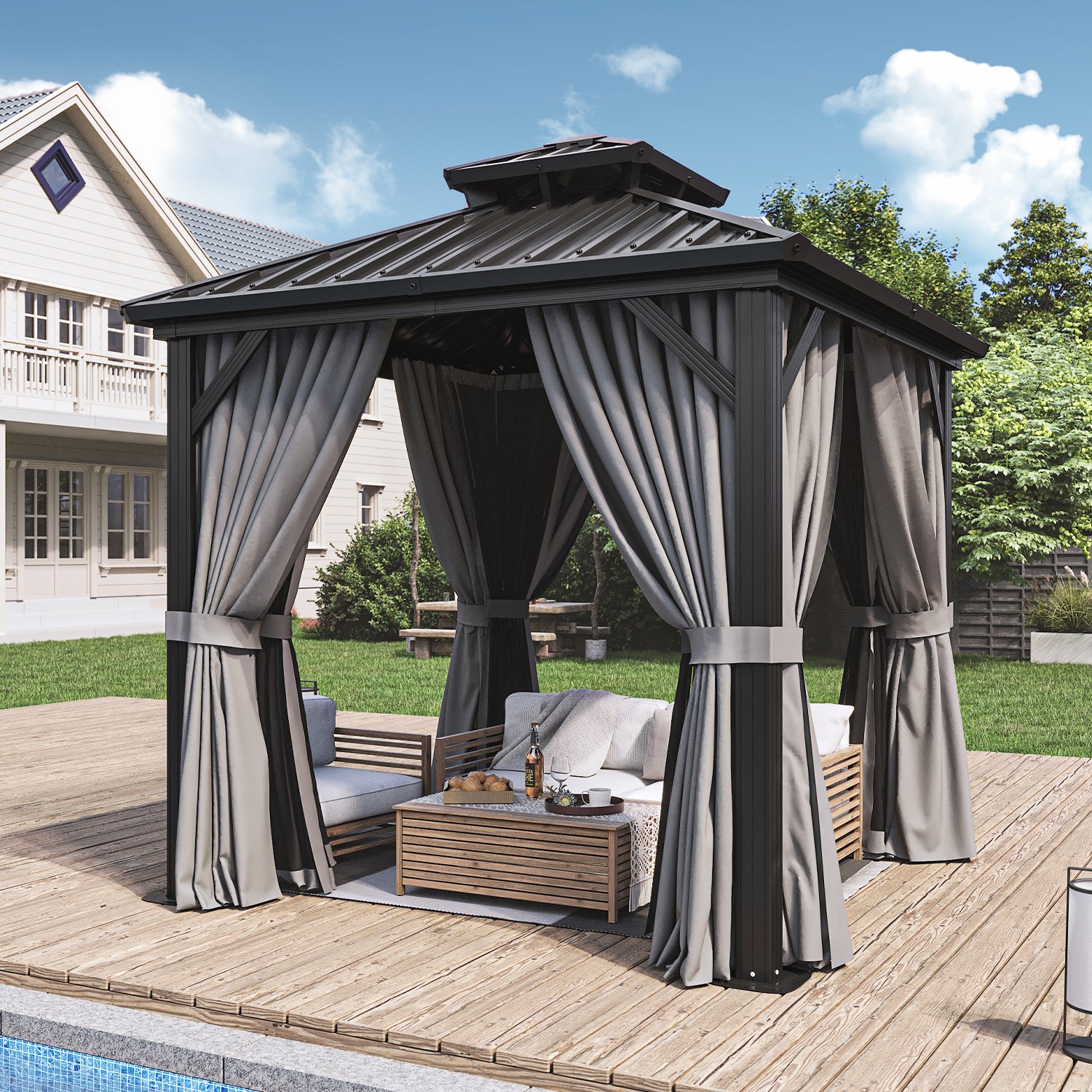 8' x 8' Outdoor Hardtop Gazebo, Galvanized Double Roof Canopy Gazebo,Aluminum Frame Permanent Pavilion with Mosquito Net and Privacy Curtain for Garden, Patio, Gray