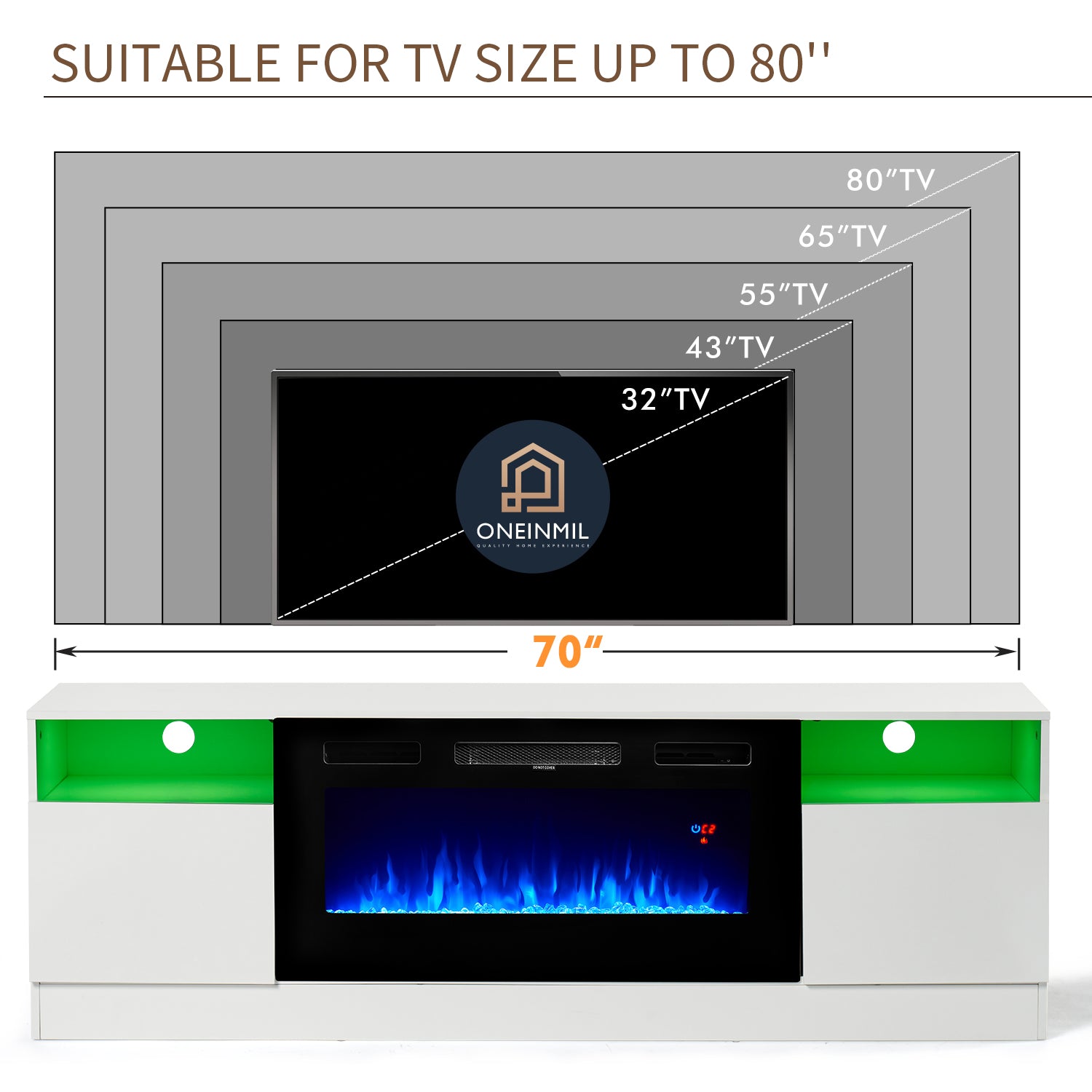 70 inch Fireplace TV Stand, White TV Stand with Fireplace for TVs up to 80", 12 LED Colors