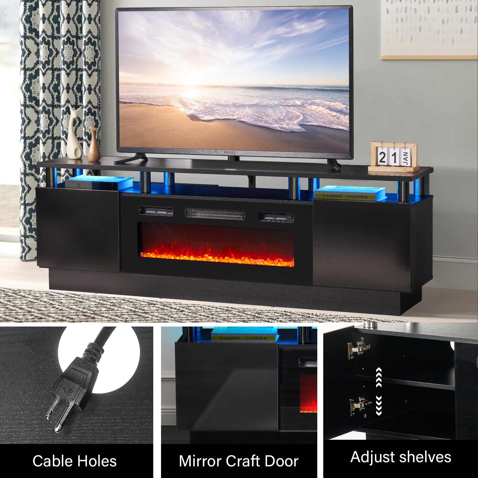 Fireplace TV Stand with 36" Electric Fireplace, Led Light Entertainment Center for TVs up To 80", Black