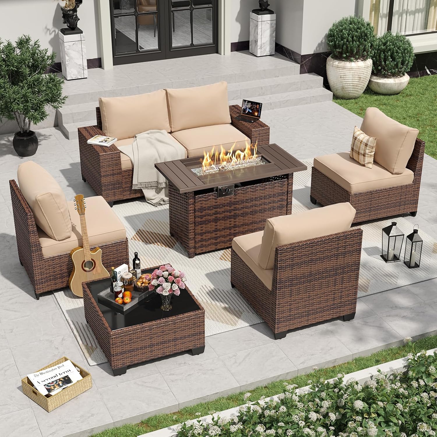 Patio Wicker Sofa Sets with Umbrella / Fire Pit