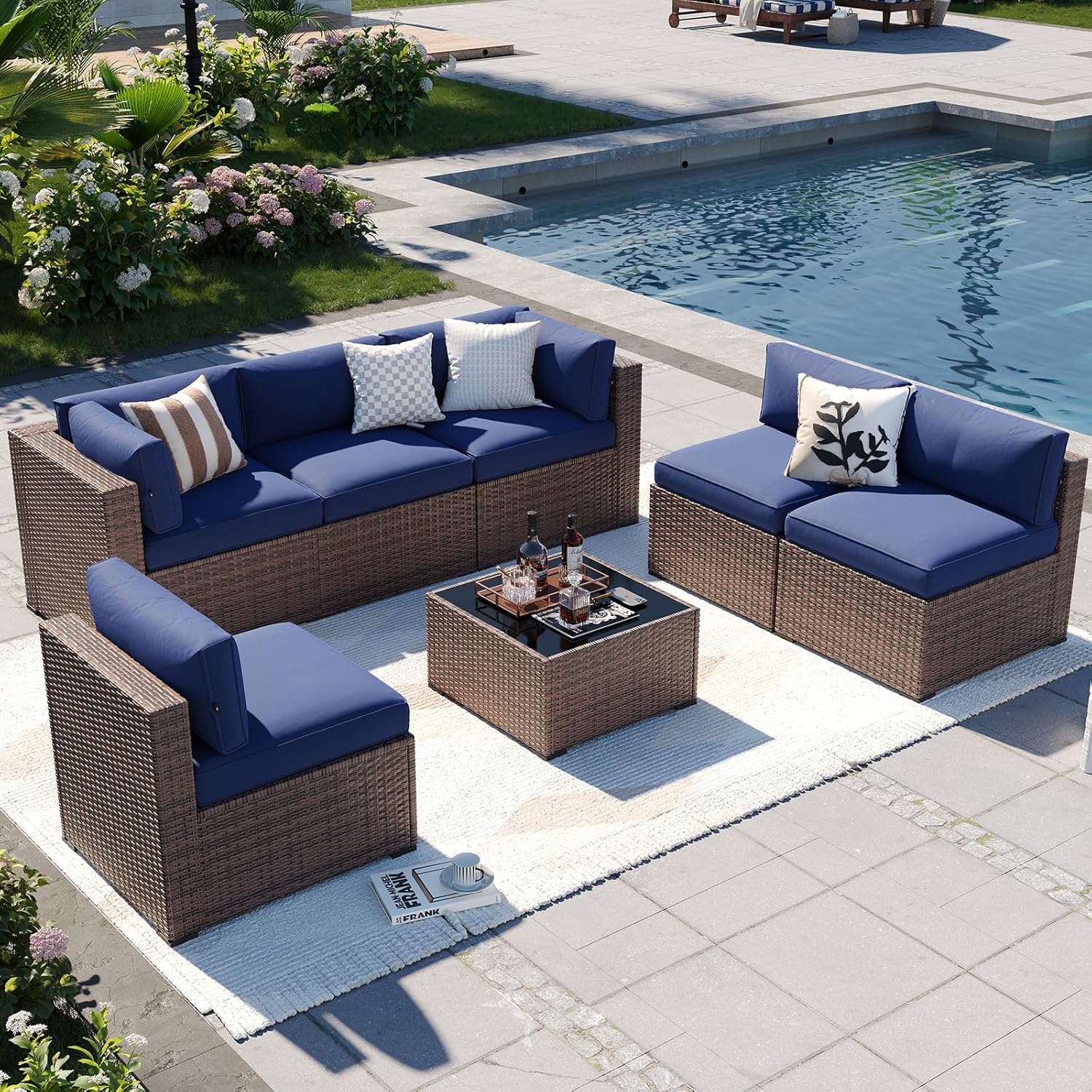 7 pcs Patio Wicker Sofa Sets with Umbrella / Fire Pit