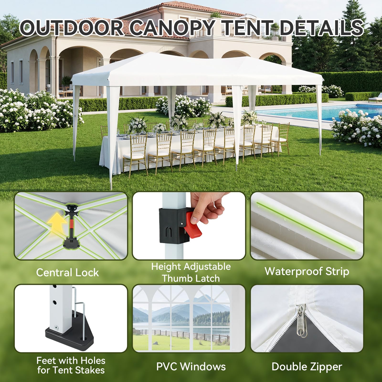 Aoxun 10x20 Pop Up Canopy Tent with 6 Removable Sidewalls, One Push Party Tent Waterproof Outdoor Canopy with 3 Adjustable Height, Portable Tents for Parties, Wedding, Commercial, Market