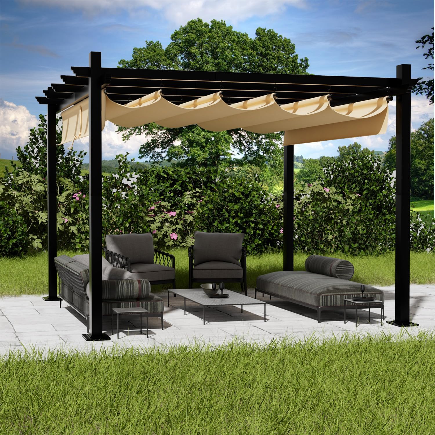 Retractable Pergola with Sun Shade Cover