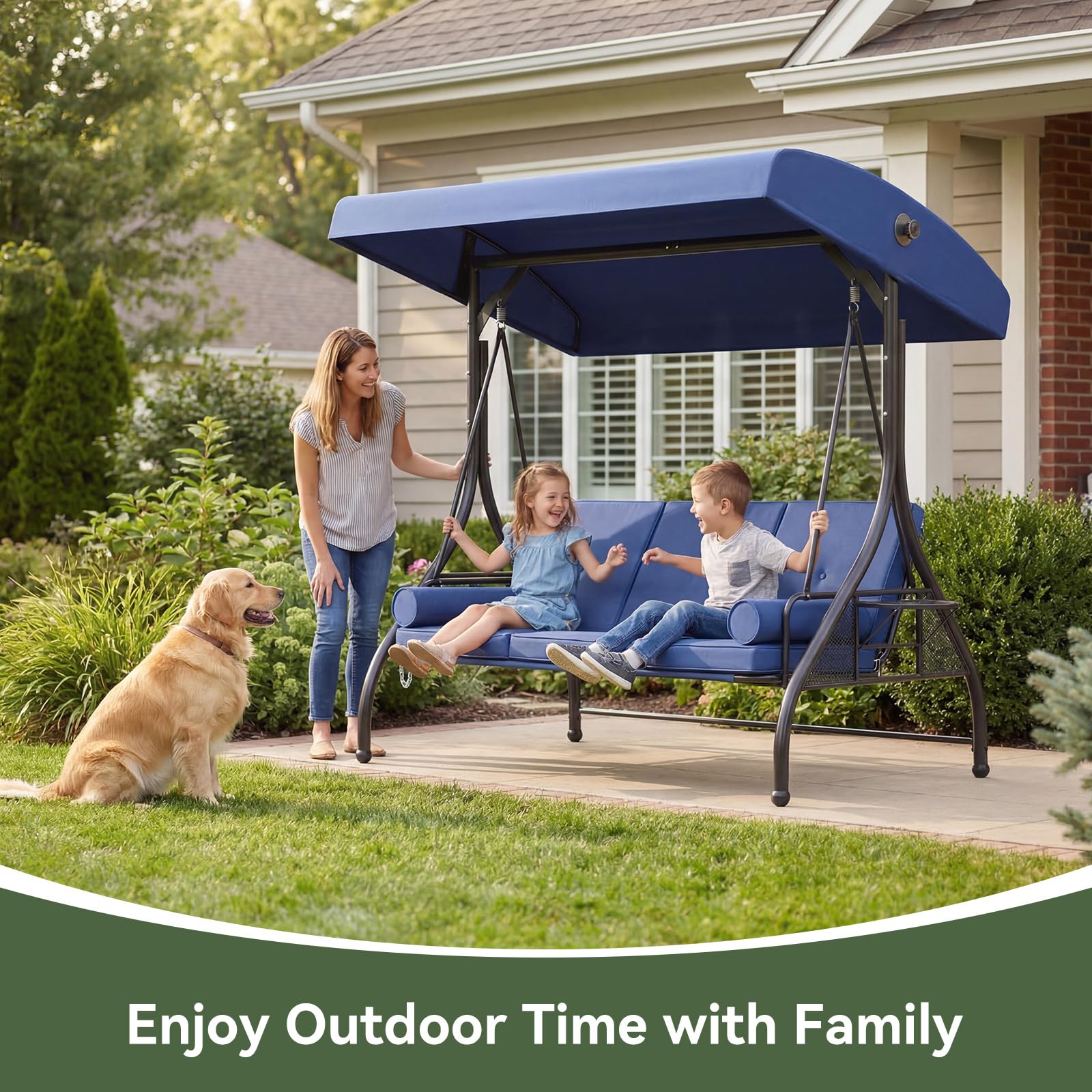 Aoxun Outdoor Porch Swing with Stand and Canopy, 3 Seats Outdoor Swings for Adults, Convertible 2 in 1 Swing Bed with Cup Holder, Patio Swings with Thicken Cushions for Garden, Yard & Balcony, Blue