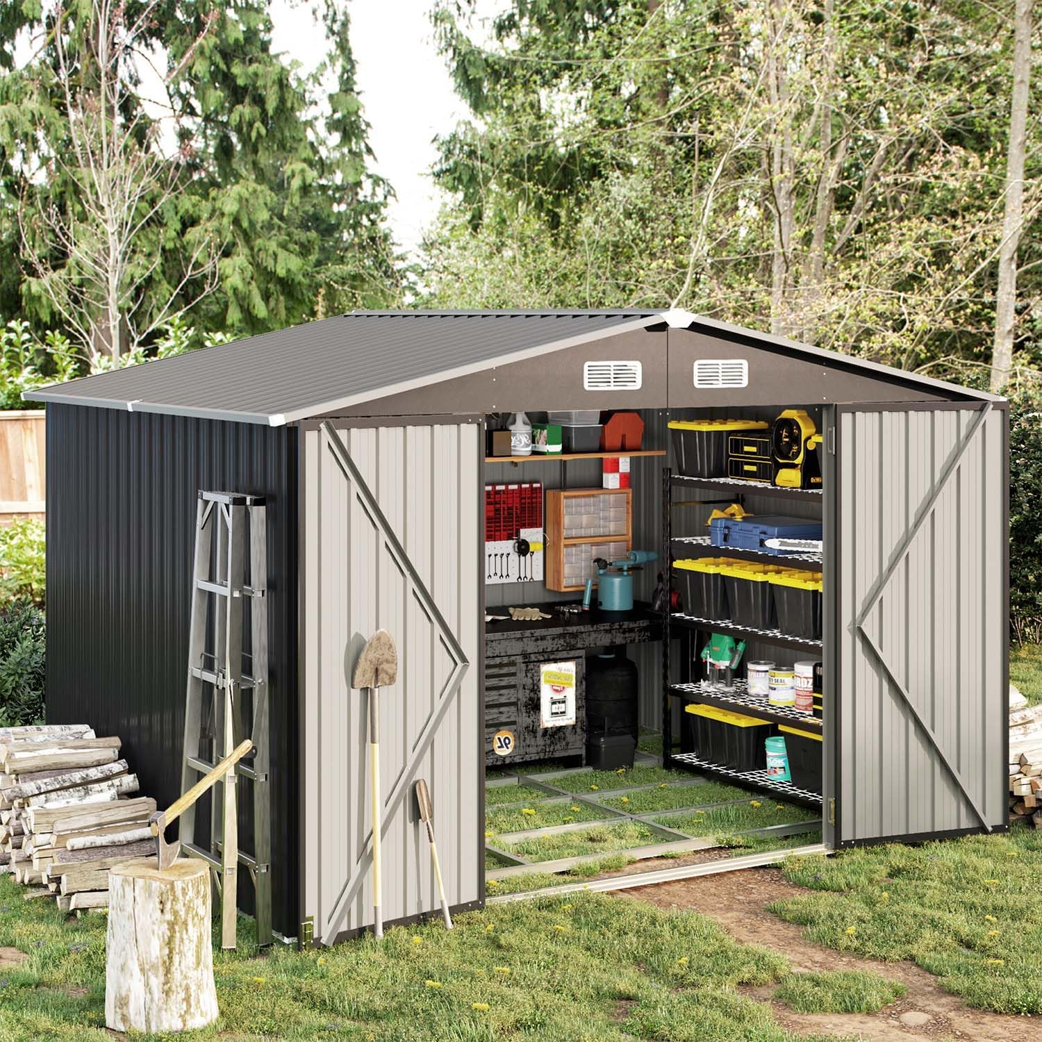 9.6' x 7.8' Metal Utility Tool Shed, Steel Storage Shed with Air Vent & Lockable Doors, Black