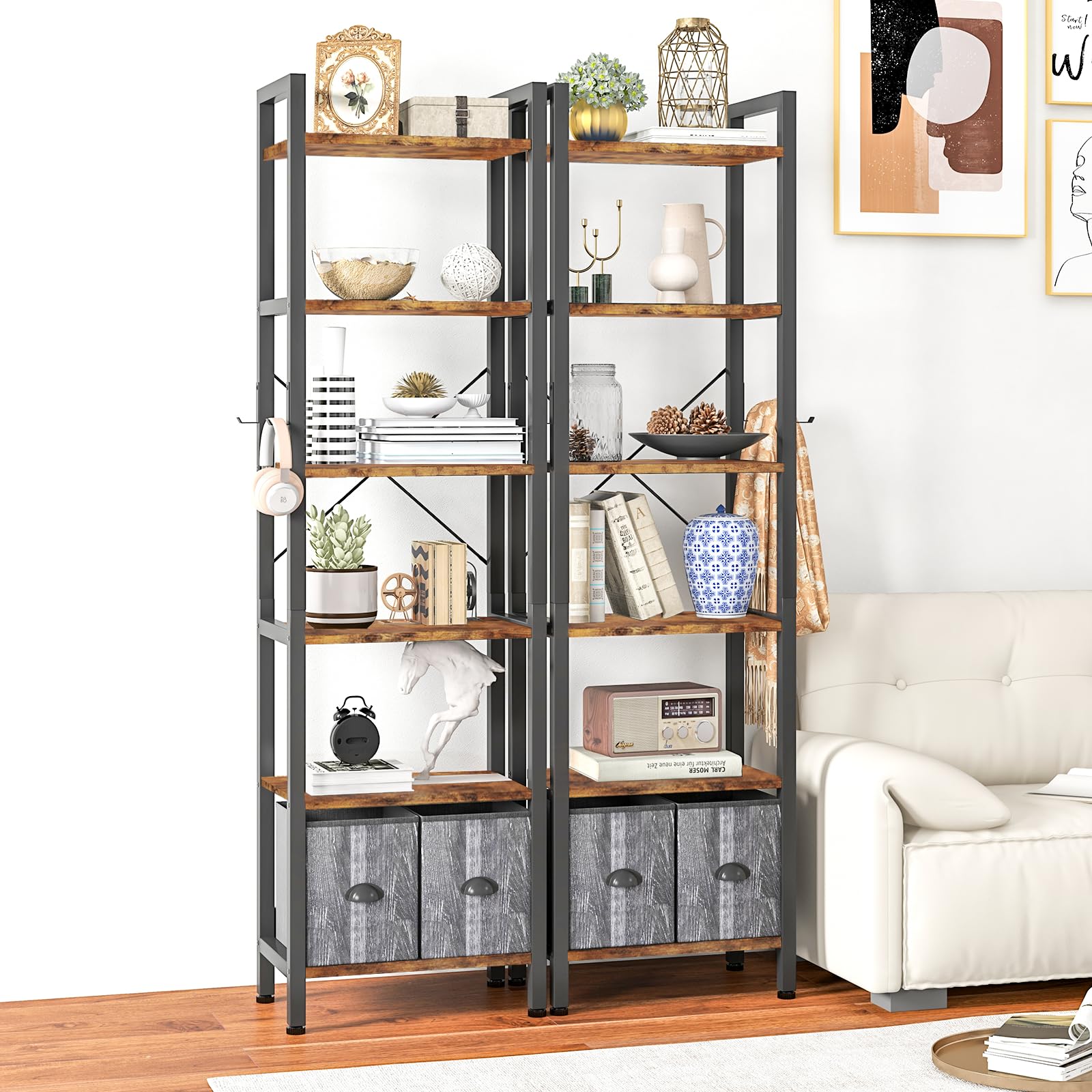 6 Shelf Bookcase with 2 Drawers, 71" Rustic Black Bookshef for Living Room and Home Office