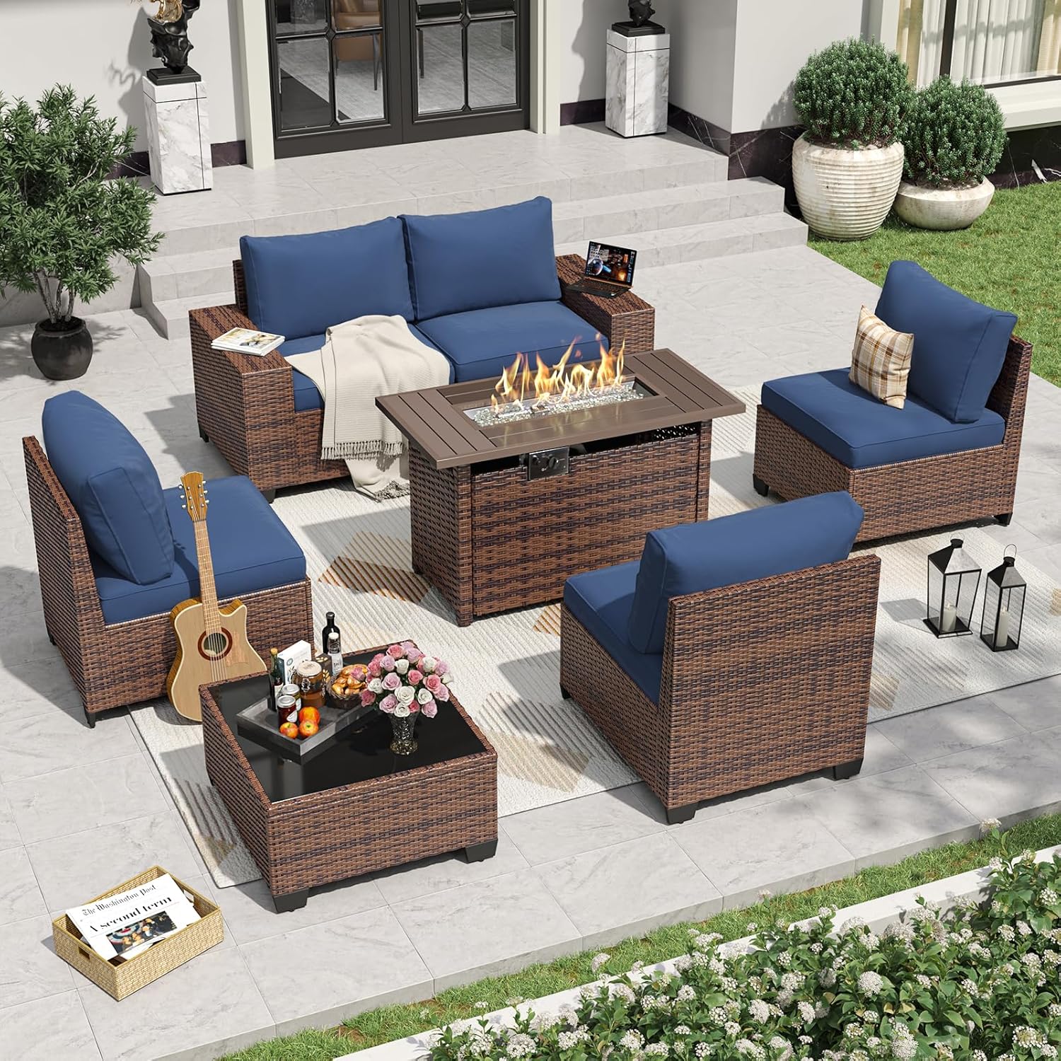 Patio Wicker Sofa Sets with Umbrella / Fire Pit