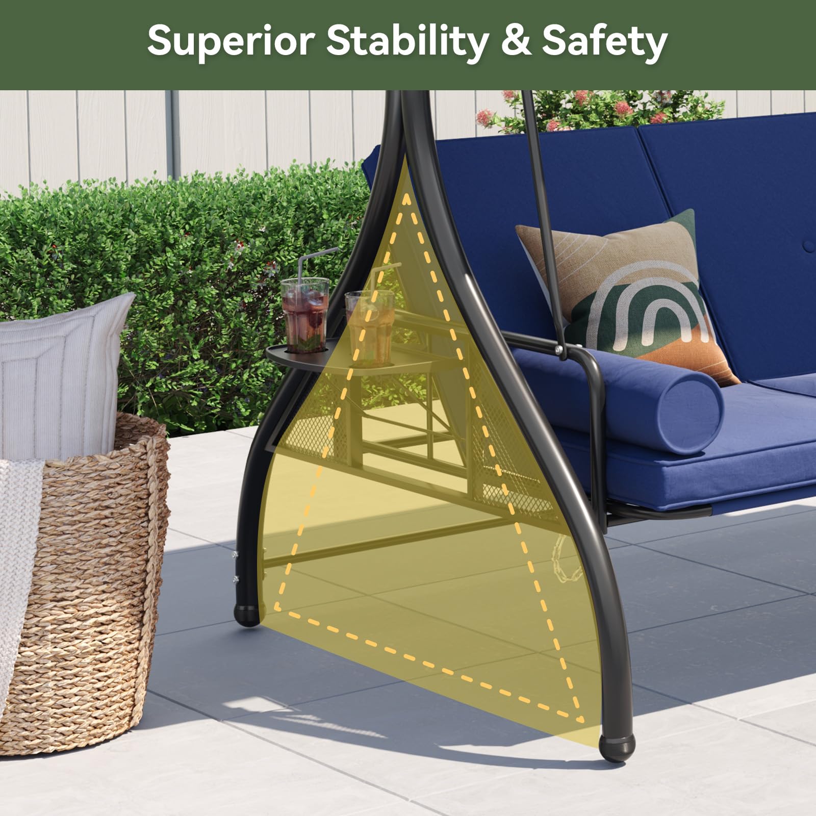Aoxun Outdoor Porch Swing with Stand and Canopy, 3 Seats Outdoor Swings for Adults, Convertible 2 in 1 Swing Bed with Cup Holder, Patio Swings with Thicken Cushions for Garden, Yard & Balcony, Blue