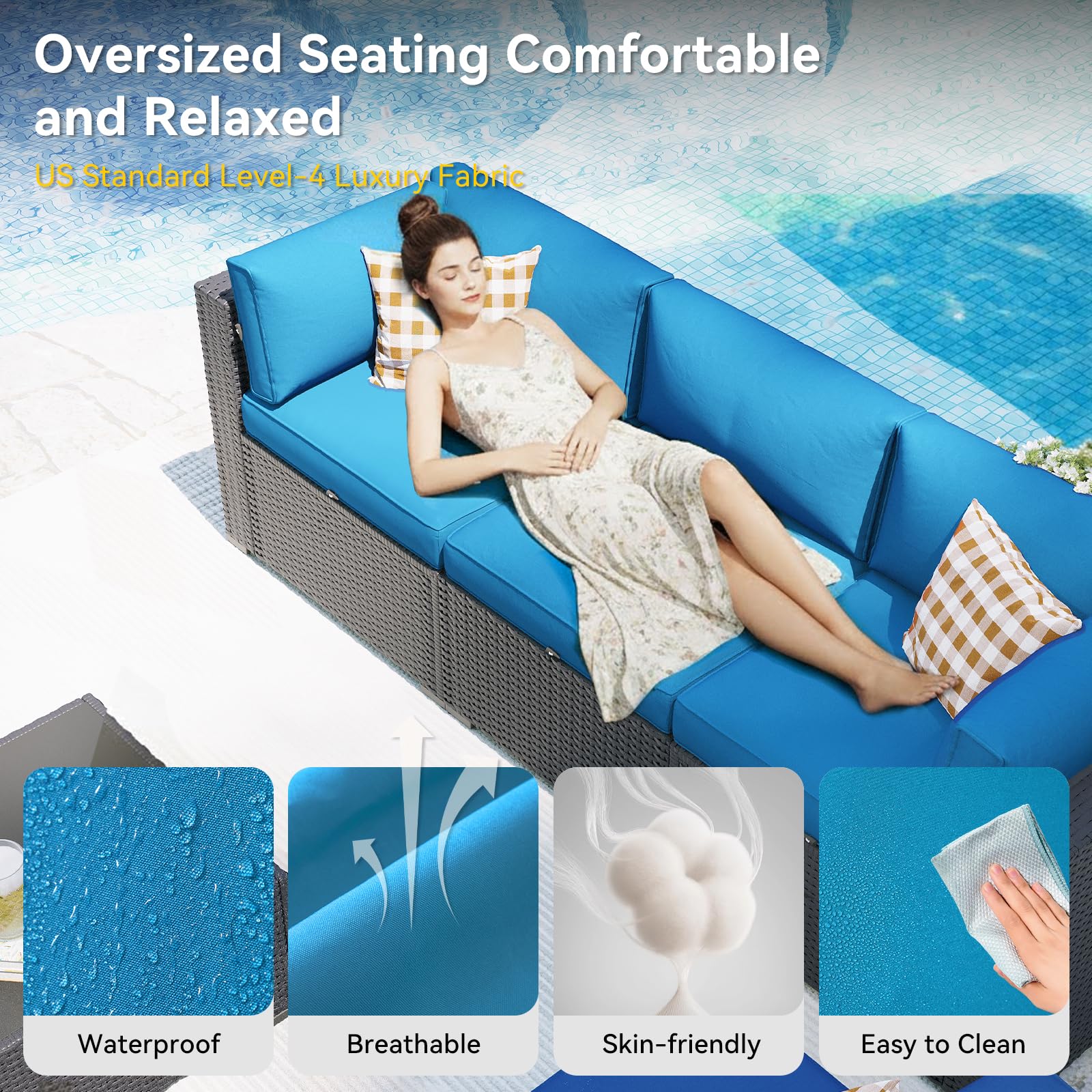 Aoxun Patio Furniture Set, 7 Piece Outdoor Sectional Sofas with Waterproof Cover, Wicker Rattan Outdoor Furniture Patio Conversation Set for Backyard, Garden Peacock Blue