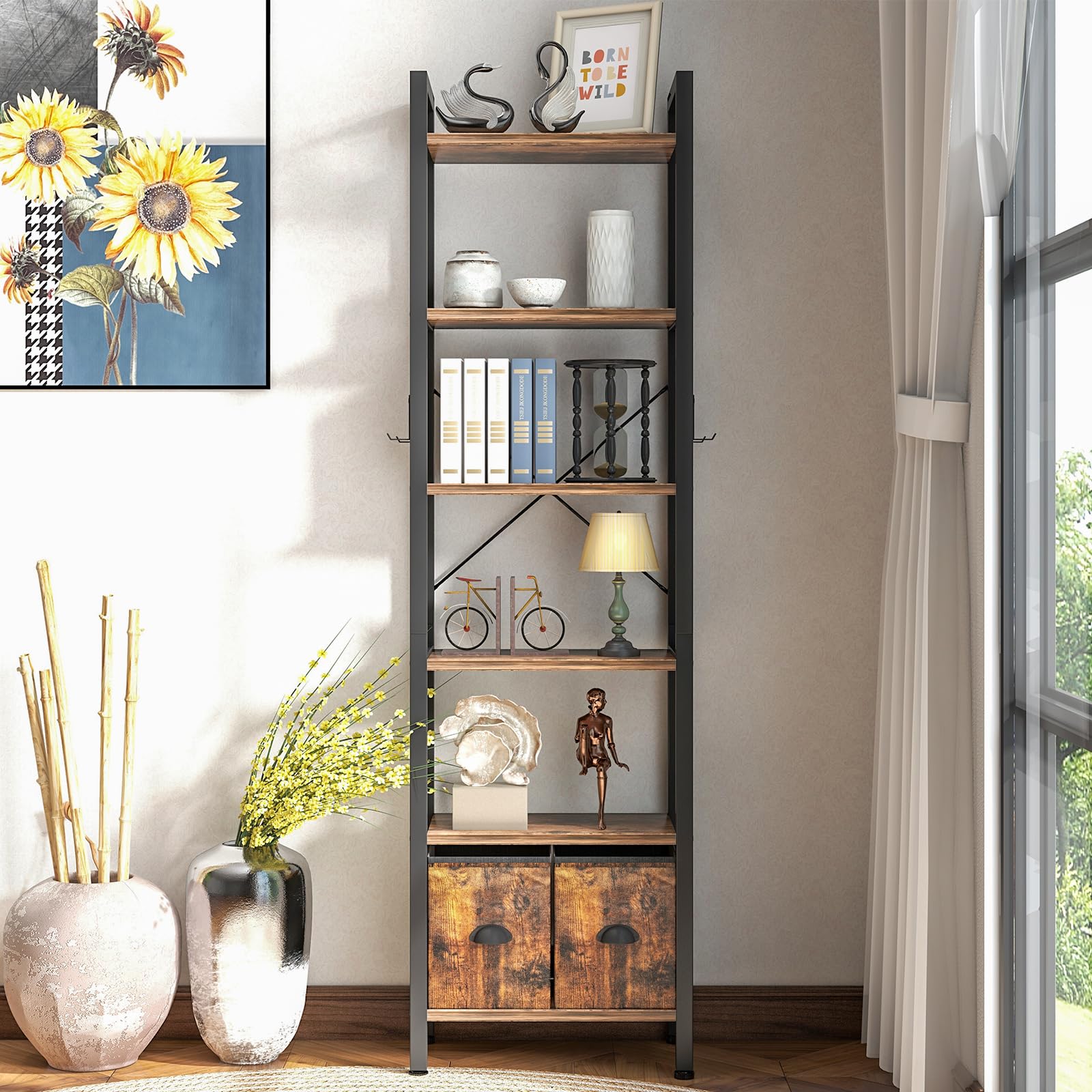 6 Shelf Bookcase with 2 Drawers, 71" Rustic Brown Bookshef for Living Room and Home Office